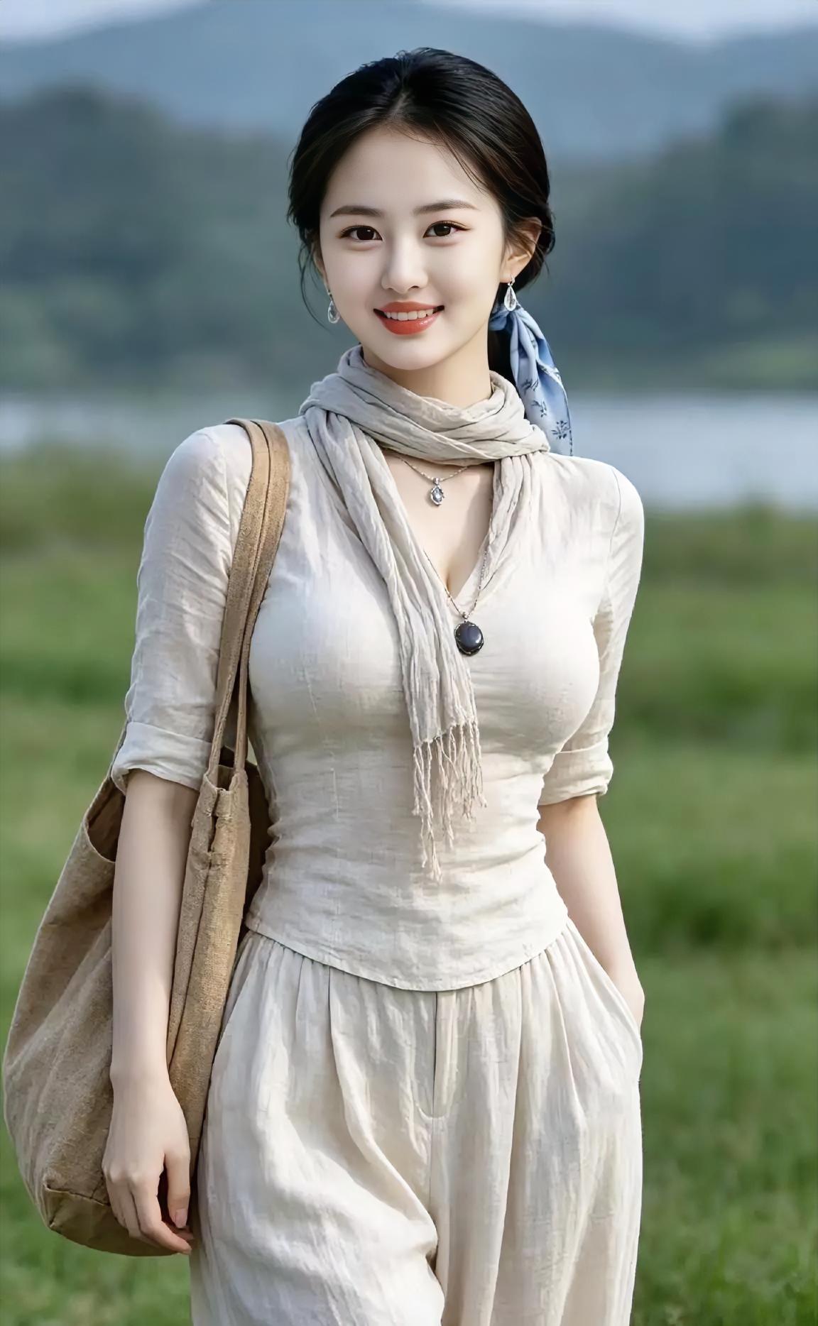湖风轻吹草色青，麻衣软软步轻轻。围巾系住蓝丝巾，布包肩头伴远行。