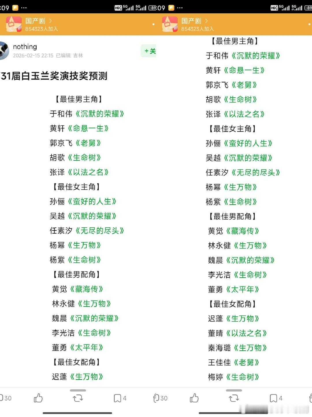 第三十一届白玉兰奖名单预测来袭这是某瓣上比较多人预测的名单，感觉竞争还是比较激烈