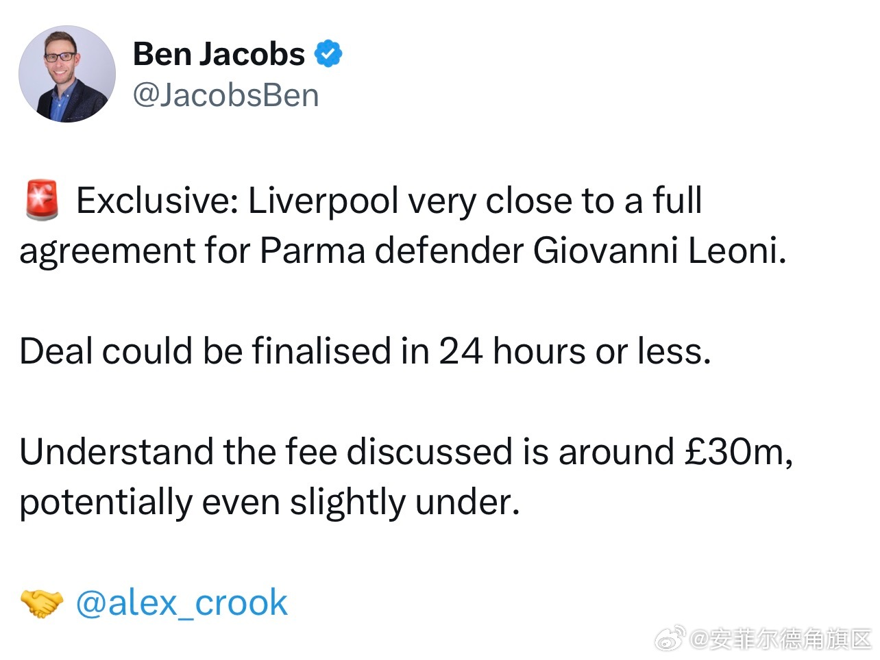 莱奥尼的消息来了！BenJacobs独家：利物浦已经很接近和帕尔马达成莱奥尼的