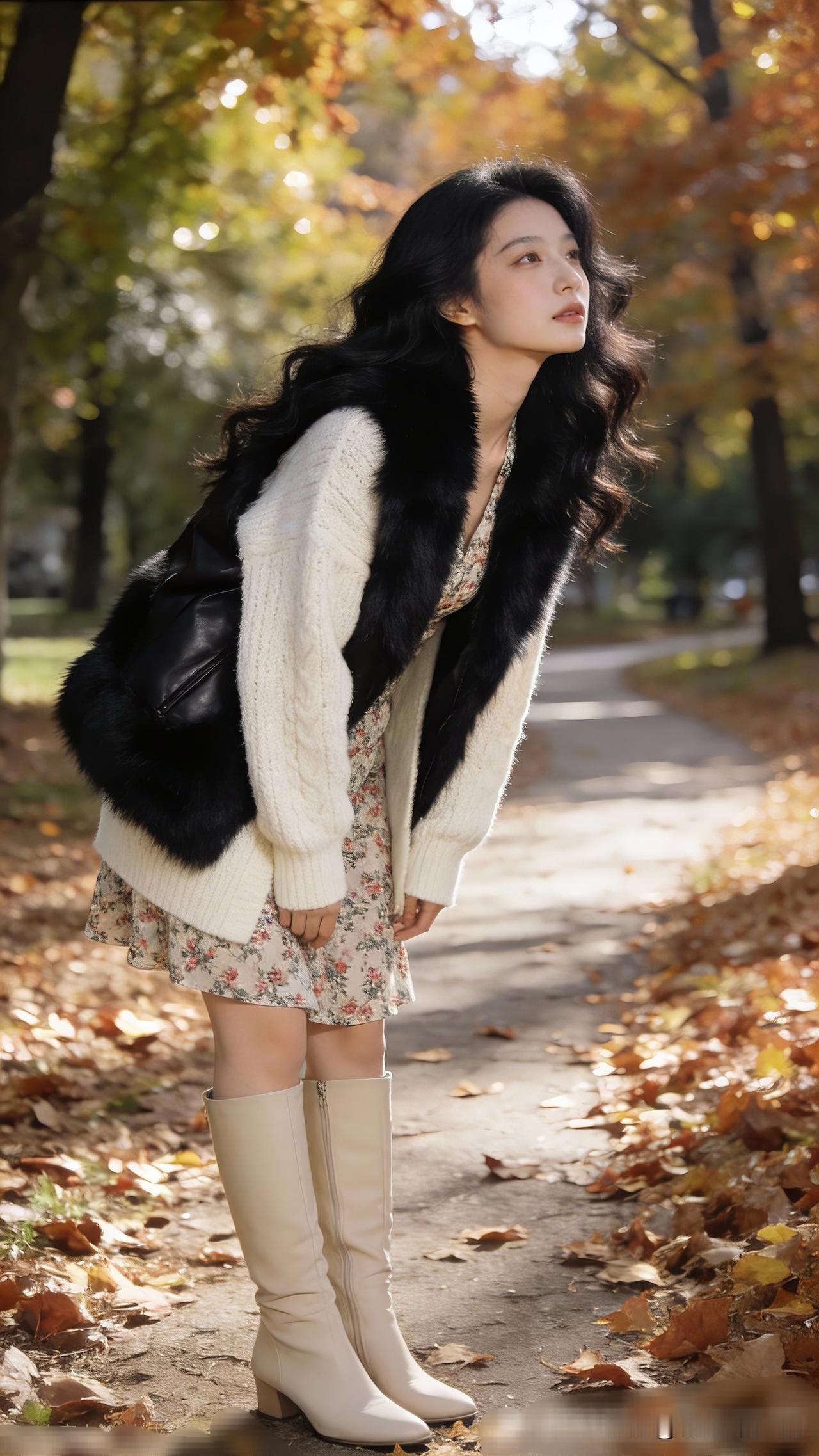 秋风起，落叶缤纷，美人赏景静忧思。世界上哪个地方美女最好看秋日漫步，温柔穿搭，