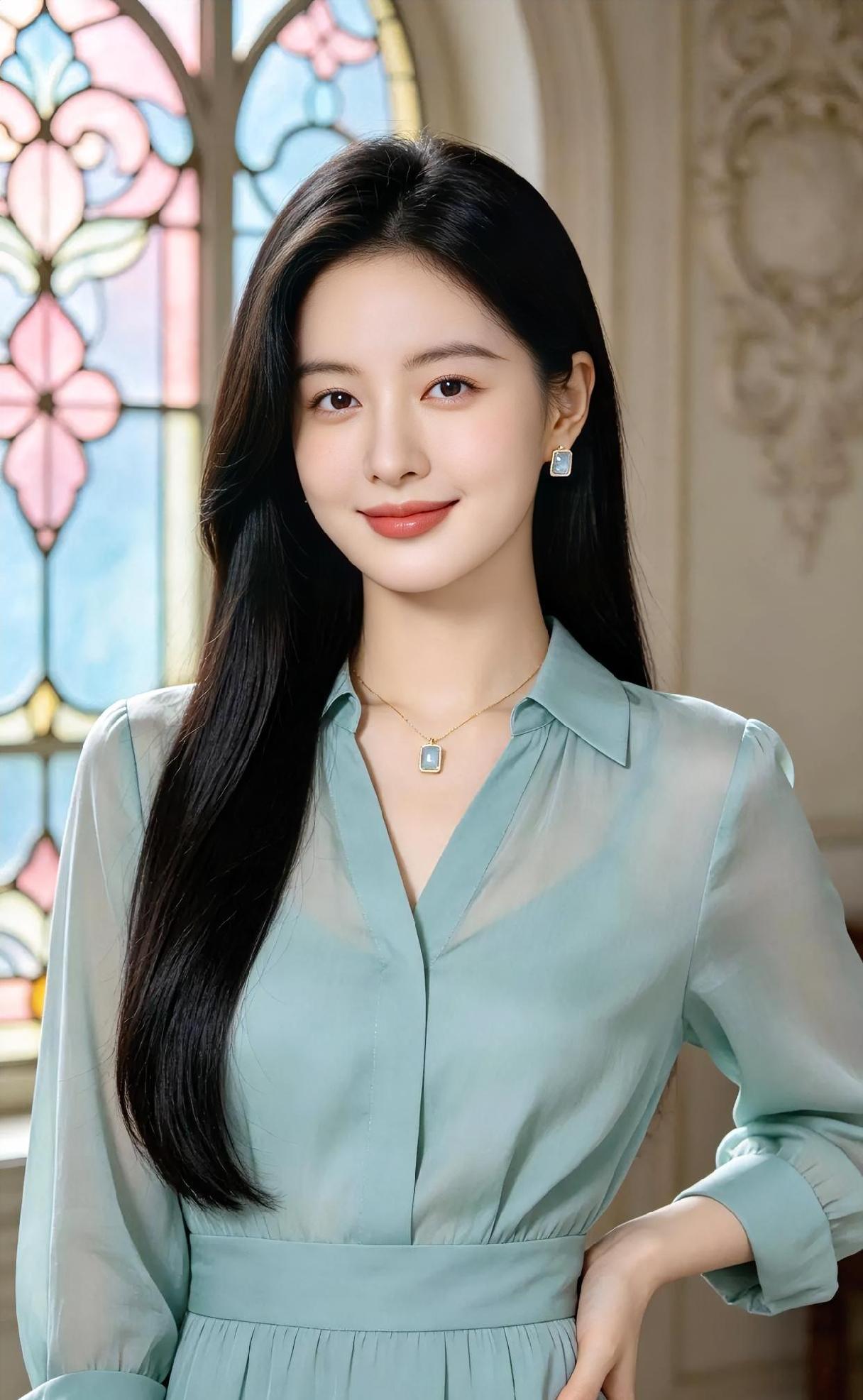 《彩窗柔光》青绿长裙，裁出薄纱的轻盈。长发如瀑，垂落肩头的安静。方坠