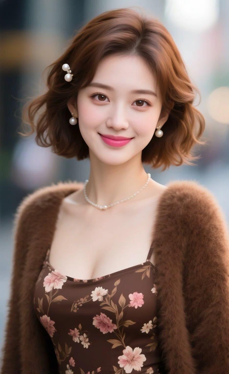 甜美少女风，粉色唇妆，珍珠耳环，优雅气质，时尚穿搭