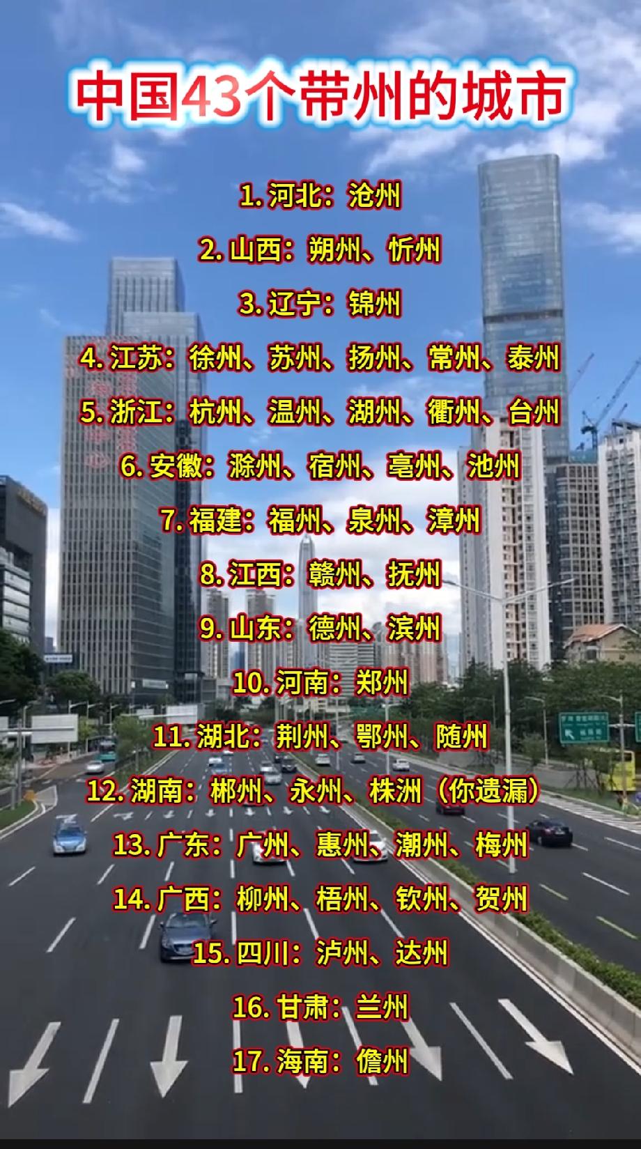 中国43个带“州”字城市1. 河北：沧州​2. 山西：朔州、忻州