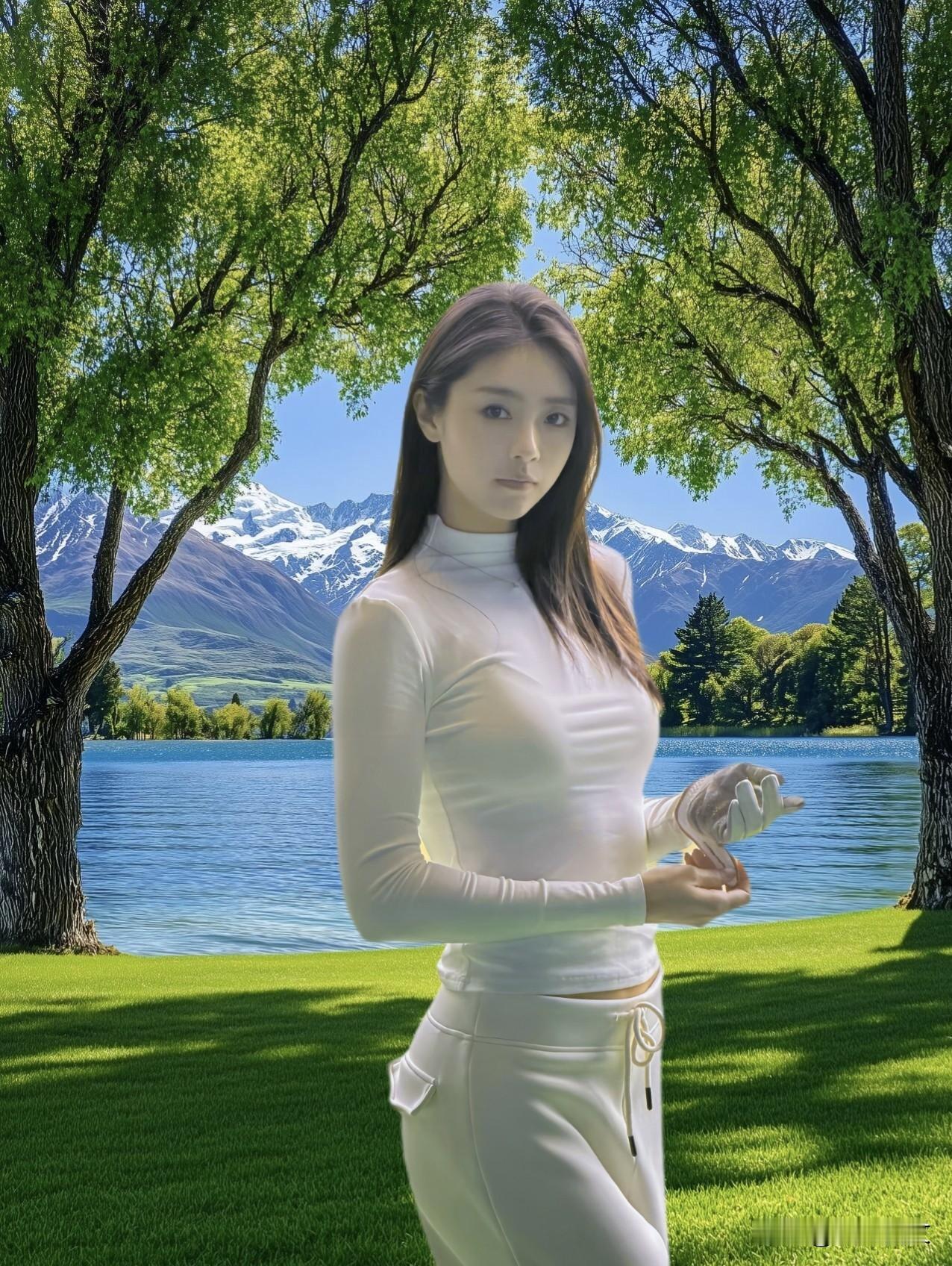 在湖畔的绿意中，白衣少女与自然融为一体，静谧而美好。