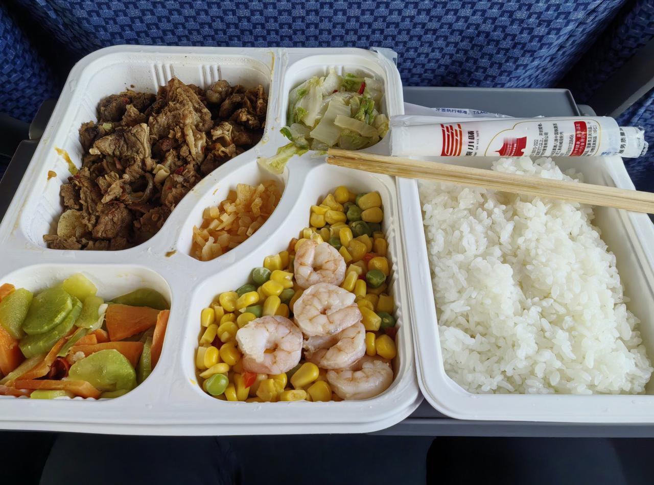 高铁快餐，牛腩土豆、白菜、胡萝卜莴笋、虾仁玉米、一点咸菜、一份米饭，味道还可以，