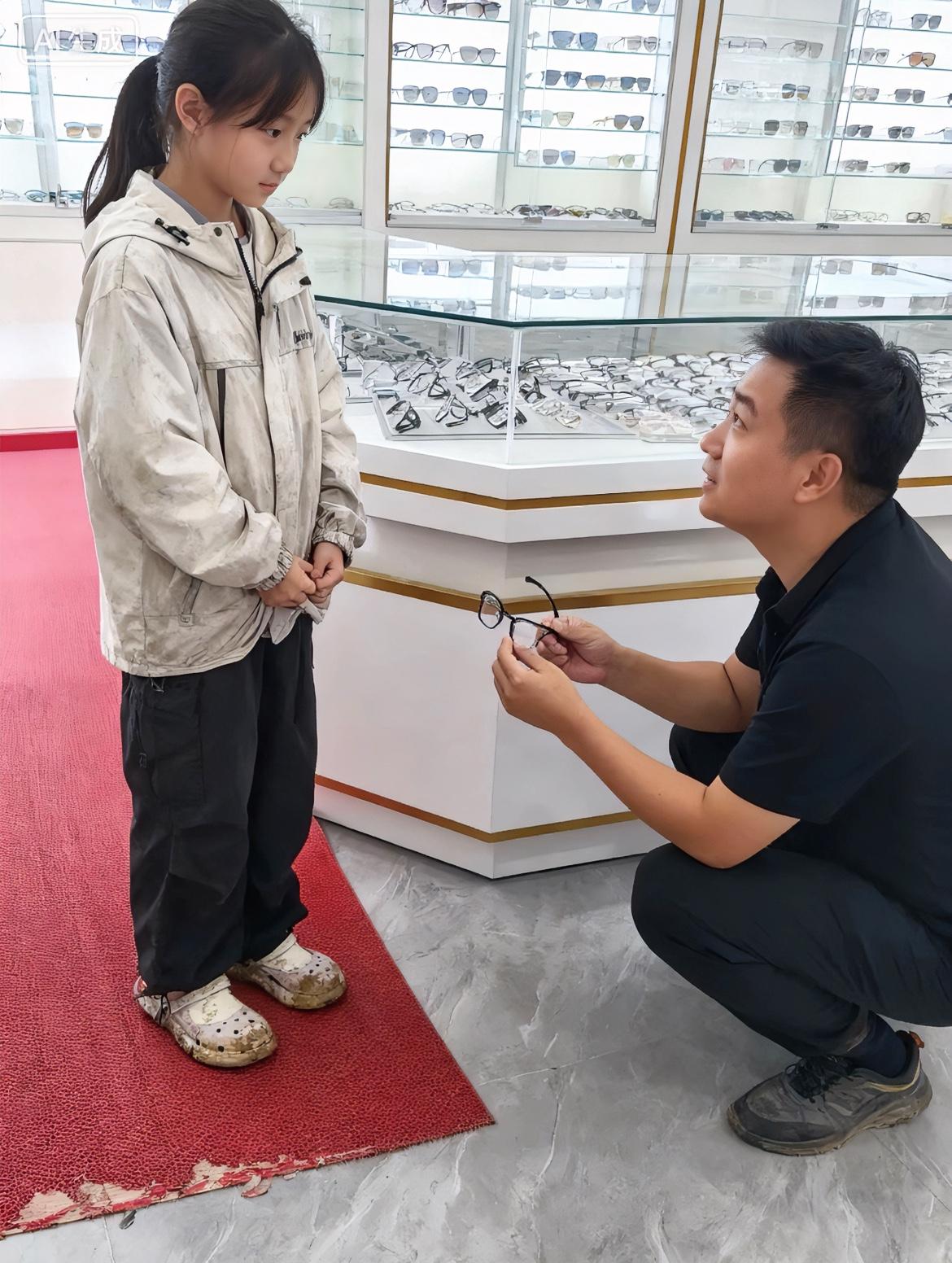 近日，湖北黄冈一家眼镜店里，老板正在打瞌睡，一个10岁左右的小女孩，怯生生走进