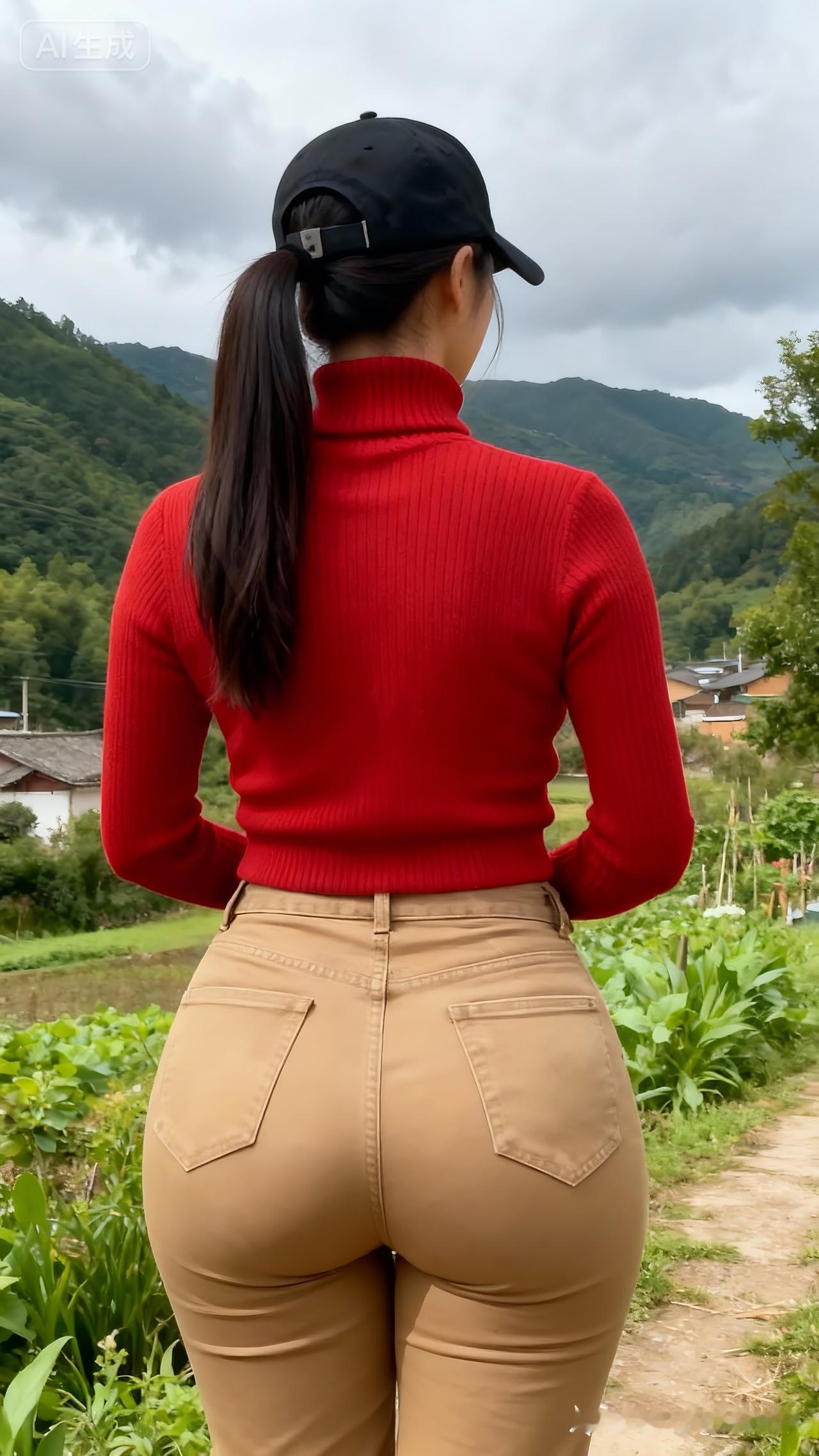 穿红色毛衣，背对镜头，风景很美。