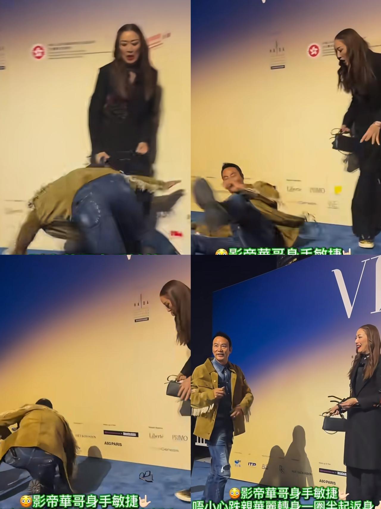 多亏任达华身手敏捷，普通人70岁这么摔下来，肯定都爬不起来了。任达华居然