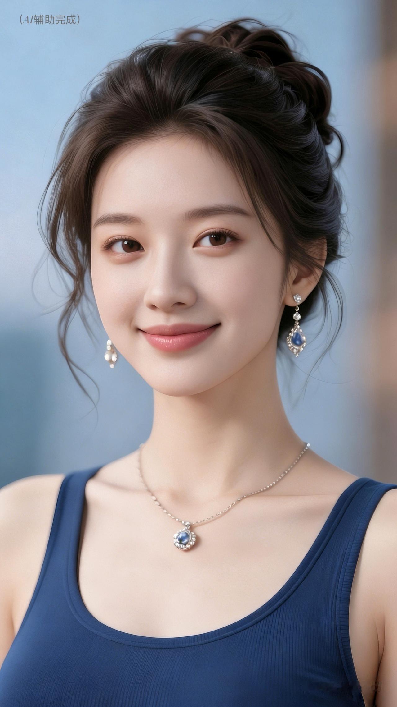 乌发盘髻碎发扬，深蓝吊带展雅姿。蓝宝石项链耳坠熠熠生辉，眉眼含笑肌肤胜雪。朦胧柔