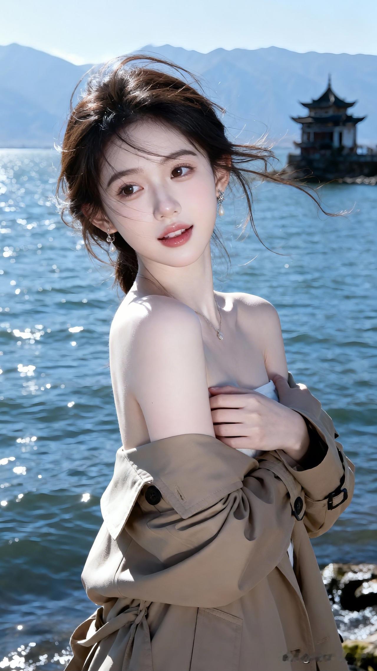 湖边风起，轻纱拂面。分享一张随手拍下的惊艳照片湖畔少女，风中轻舞，古塔相伴，唯