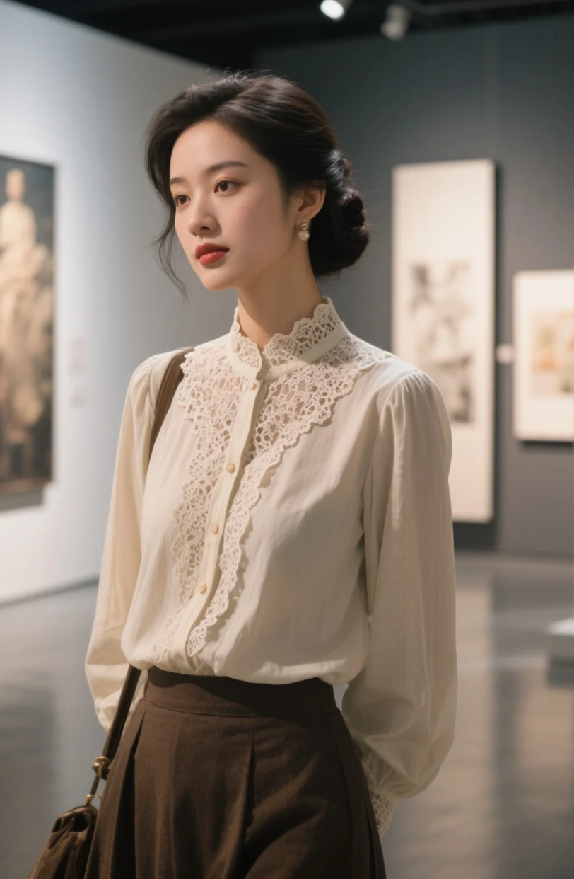 她站在抽象画前，却美得如此具体