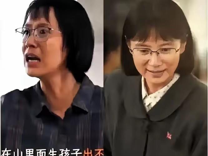 看看这对比，真叫人唏嘘！海清在《我本是高山》里卯足了劲模仿张校长外表，贴胶布、