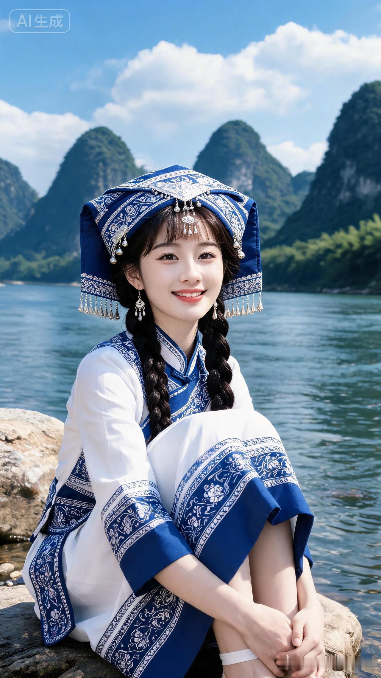 姑娘坐在湖边，笑容甜美，那画面就像一幅绝美的画卷。笑容如同春日林间的阳光，温暖又