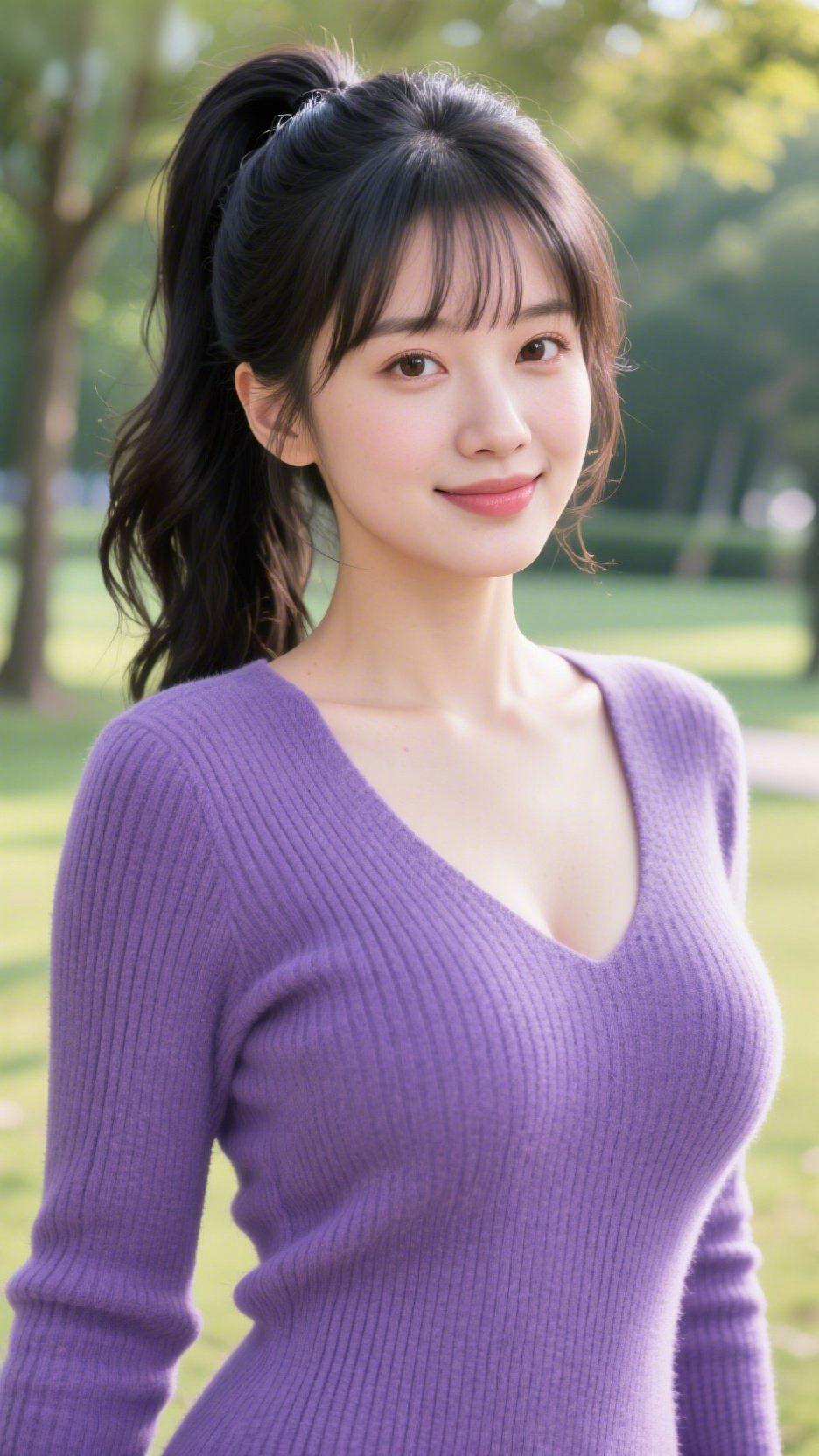 紫衫与晴日的柔风裹着草木的清香漫过草地时，她的马尾随光影轻晃。淡紫针