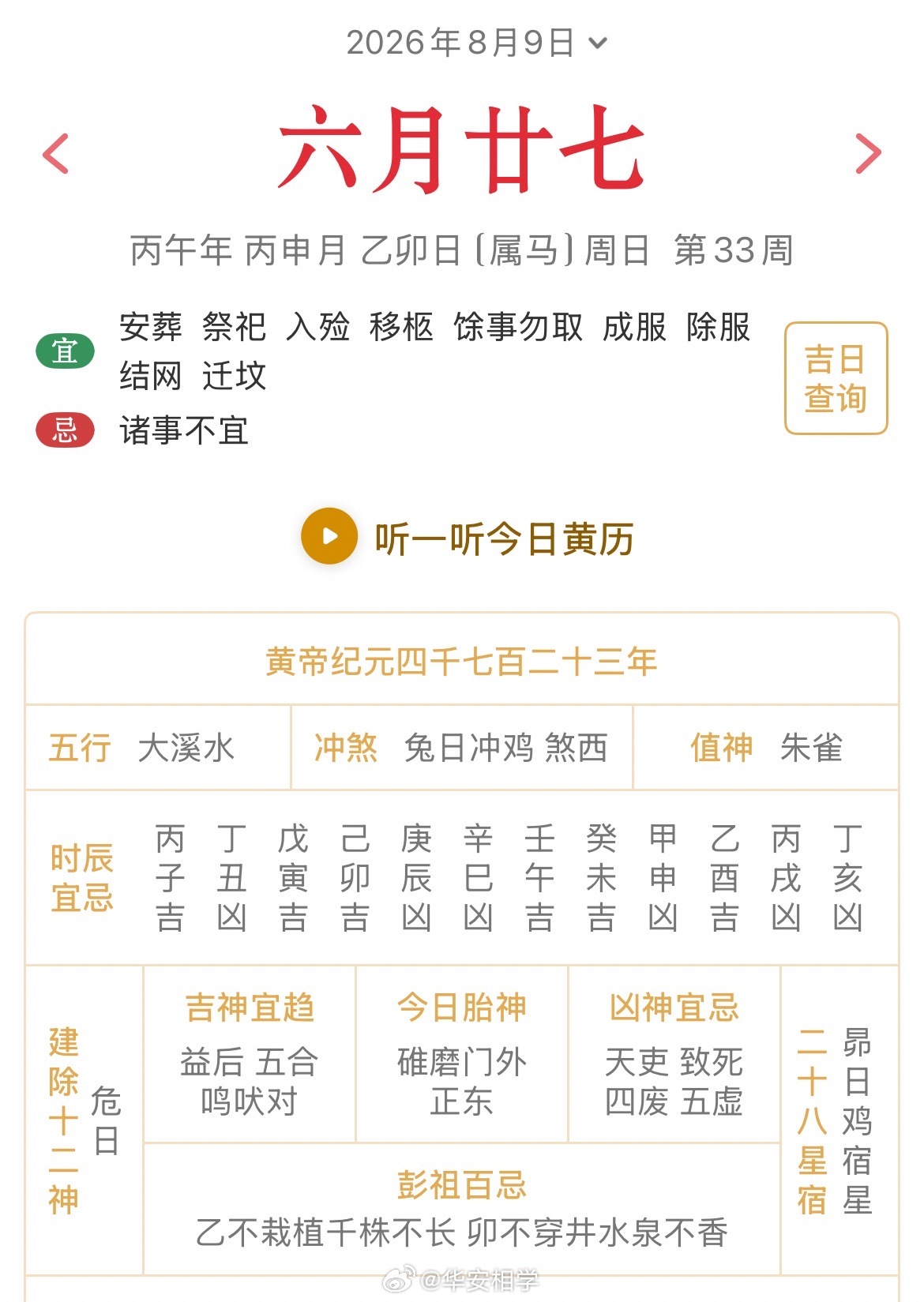 十二生肖每日简运仅供参考2026.8.9丙午年丙申月乙卯日乙卯天克地冲己酉：八