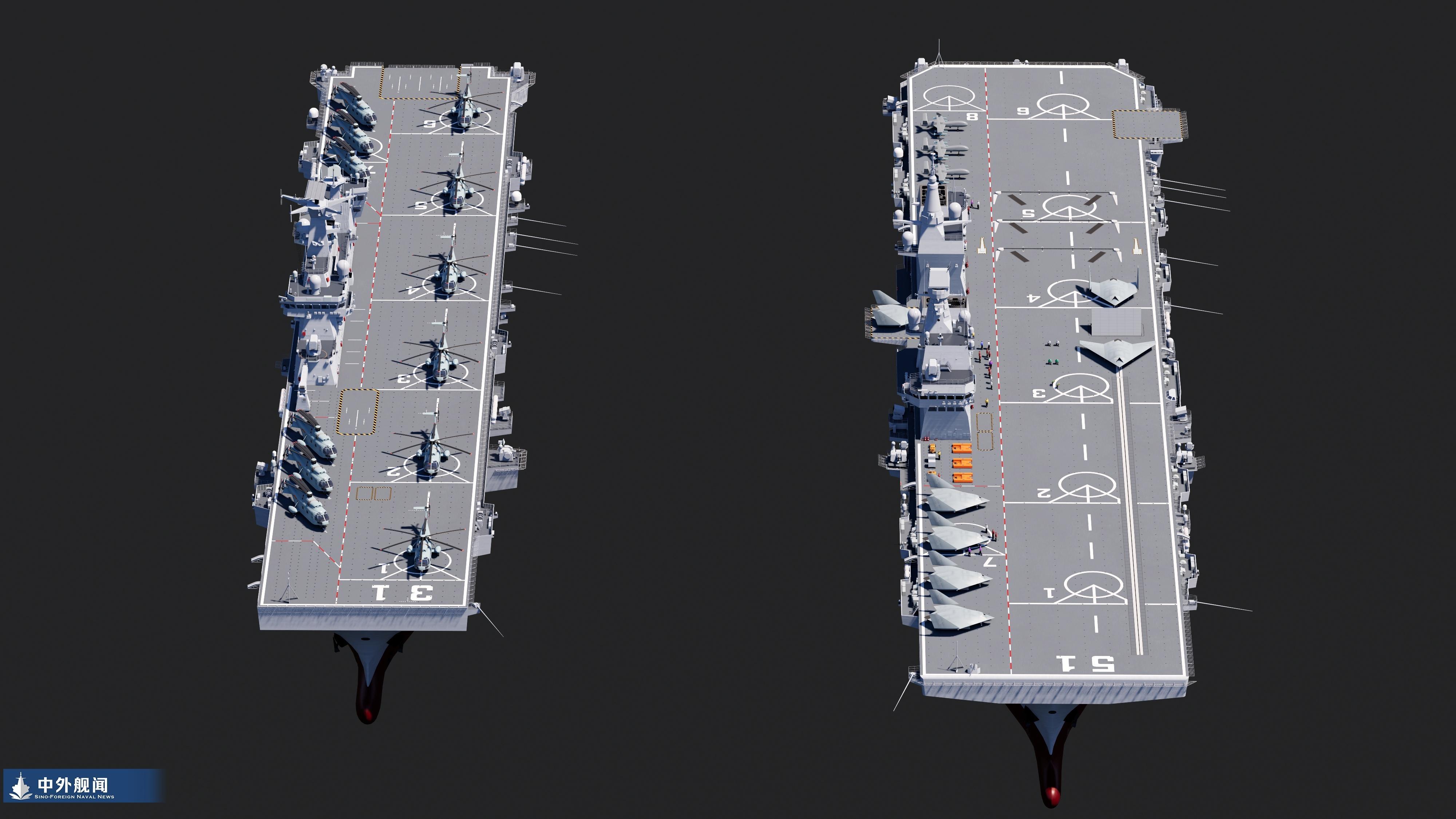 🔻按一般规律，一个能起降舰载机的平板，得有个中线，比如美国级或者出云级中间这个