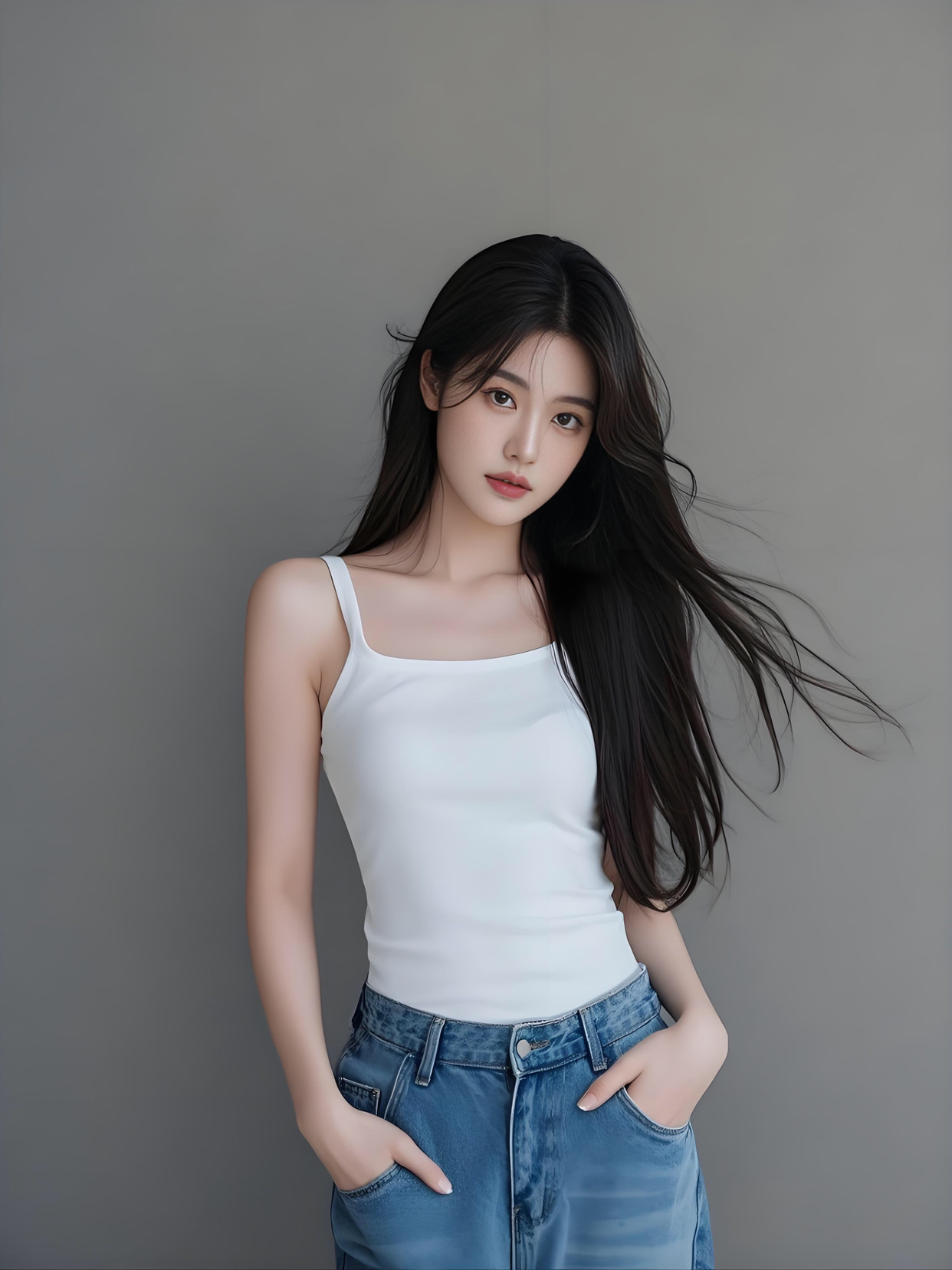 白衣少女倚墙立，风姿绰约似画卷。