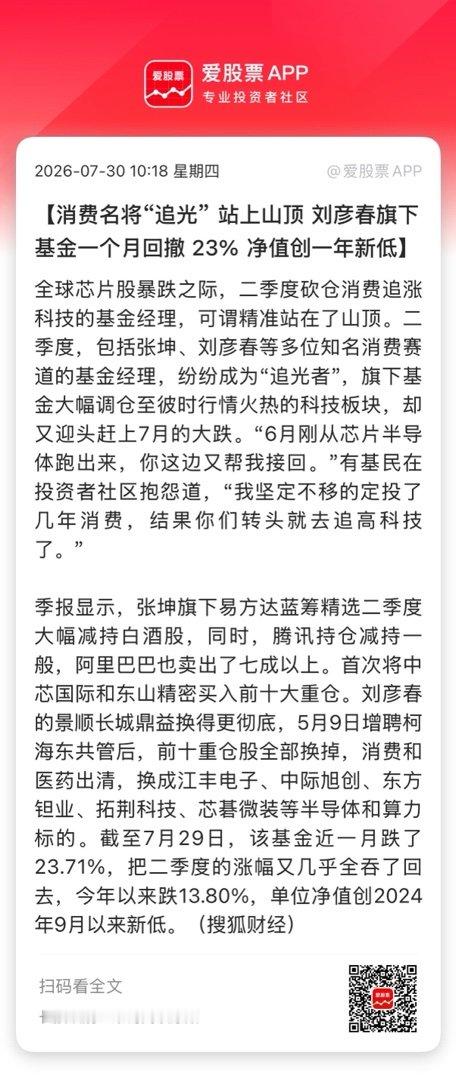 【消费名将“追光”站上山顶刘彦春旗下基金一个月回撤23%净值创一年新低】
