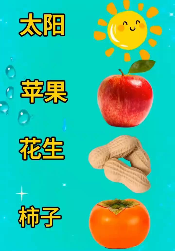 听说你很聪明，来帮我猜一猜这个是什么成语？图中有一个太阳、一个苹果、一些花生和一
