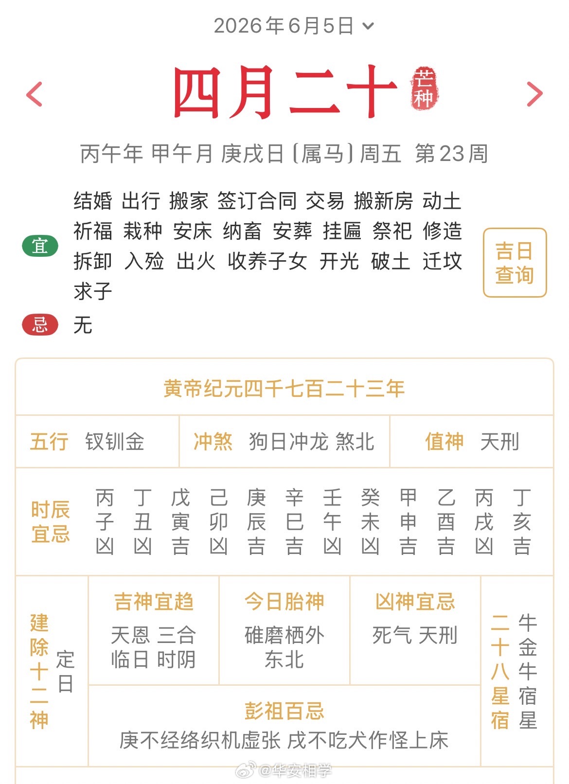 十二生肖每日简运仅供参考2026.6.5丙午年癸巳月庚戌日庚戌天克地冲甲辰：八