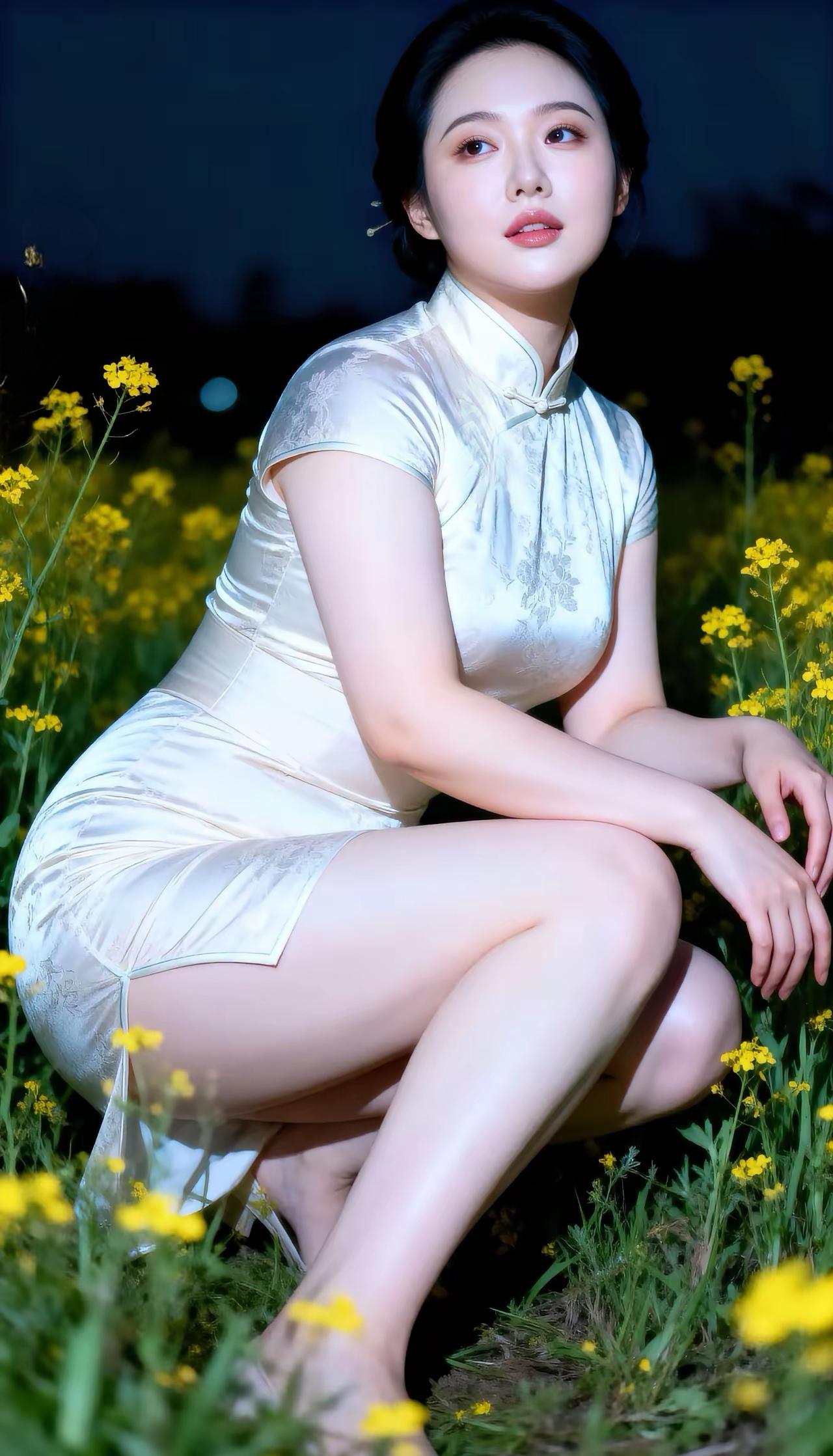 一个穿着旗袍的女孩坐在花丛中。