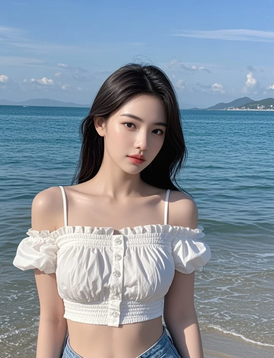 她穿着比基尼站在海边，身材好到没话说