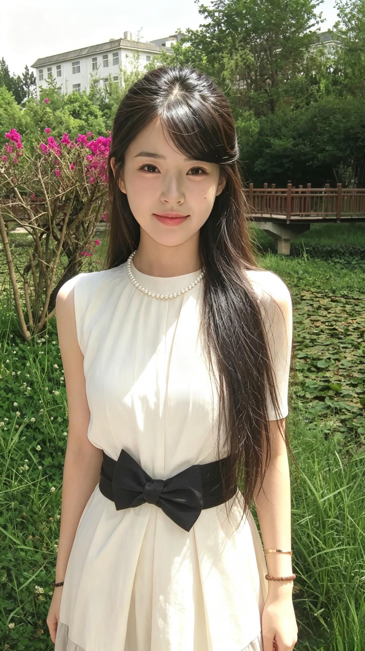 初逢逆光下，素裙曳晴川。黑带束纤腰，恍若画中仙。再坐锦榻上，灰衫衬嫣然。黑