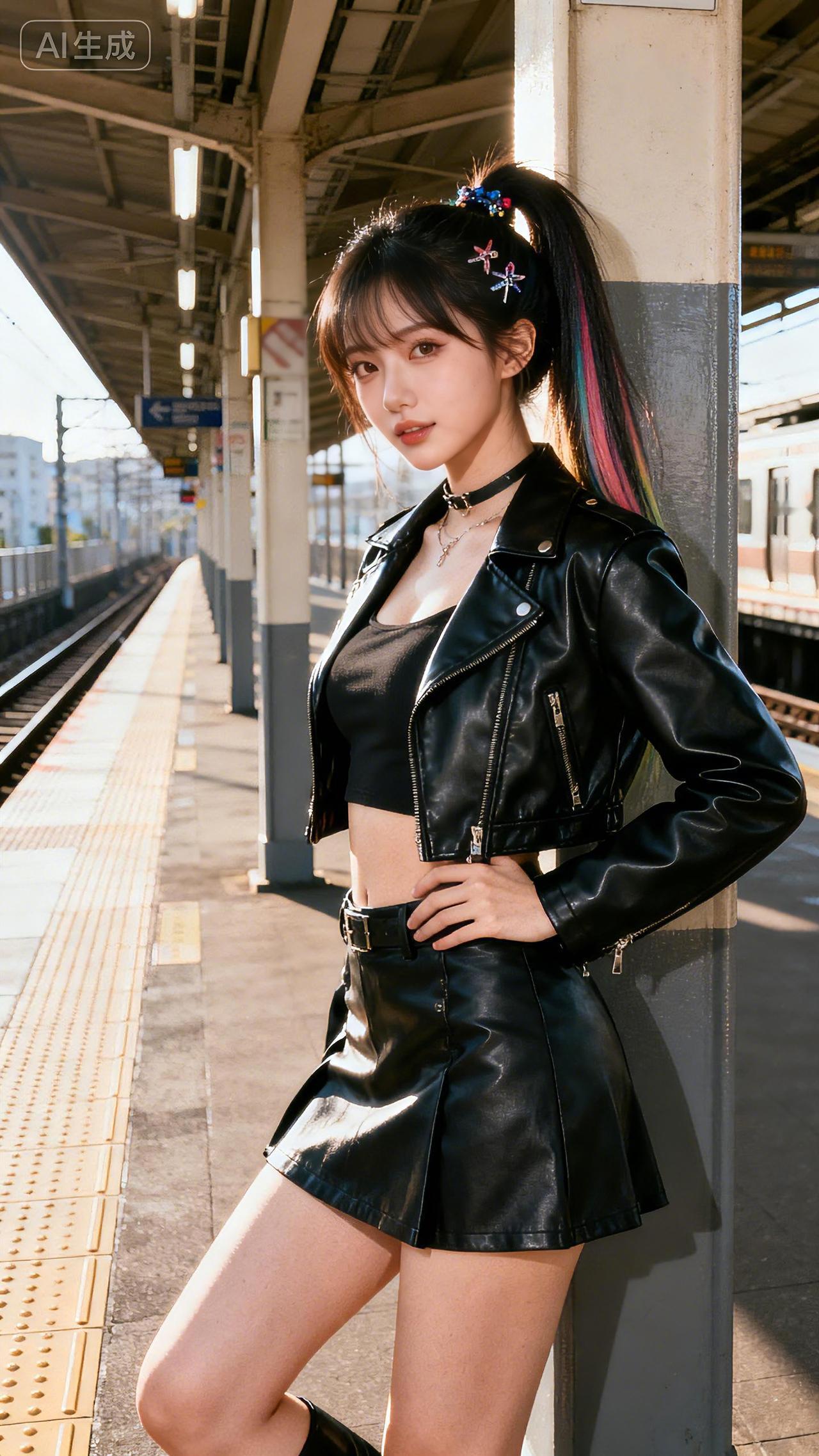 地铁穿梭影未休，皮衣飒沓御风流。豆包壁纸写真