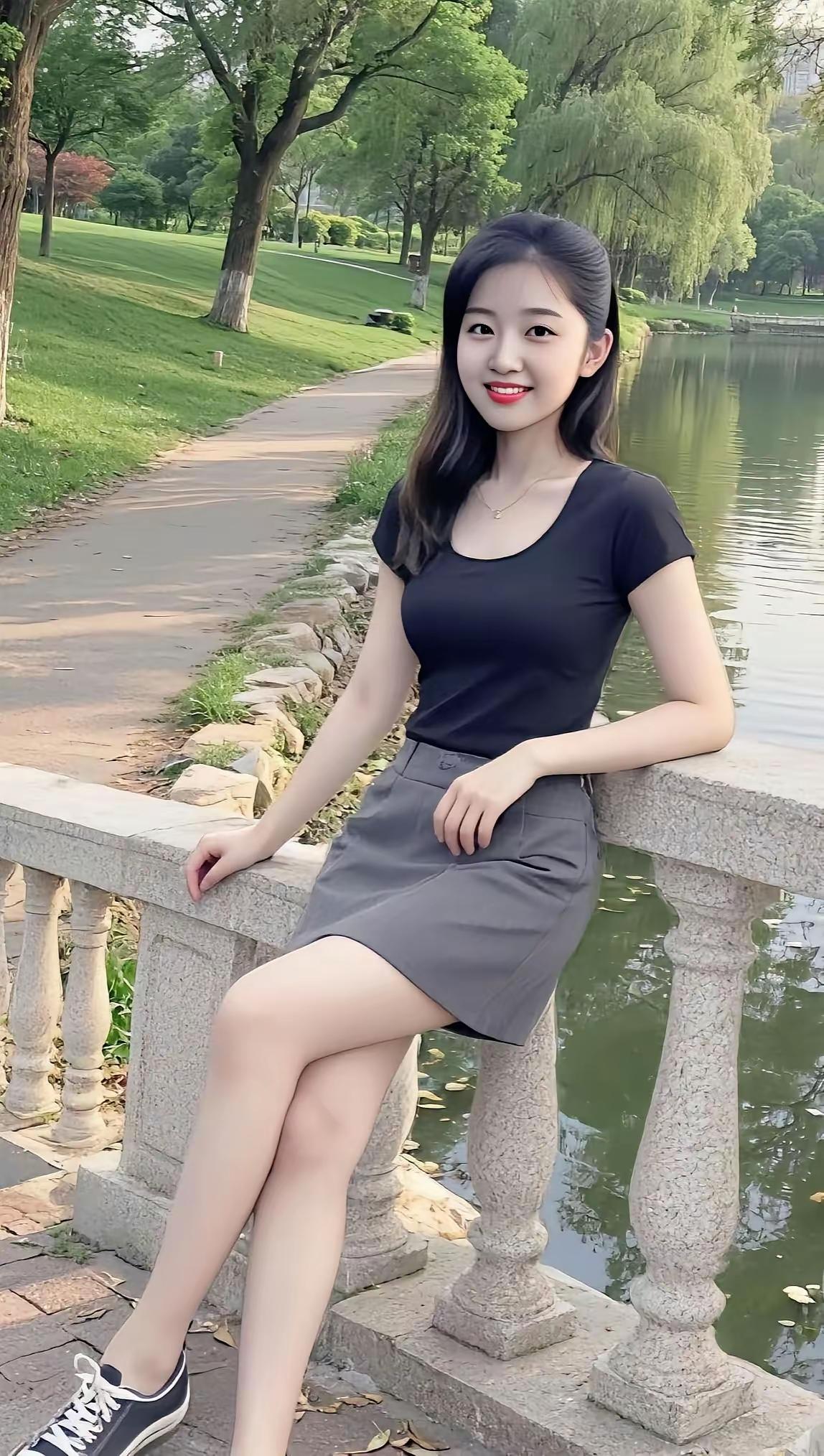 夏日清新穿搭，黑色上衣+灰色短裙，搭配运动鞋，轻松自在！最美景色图片分享