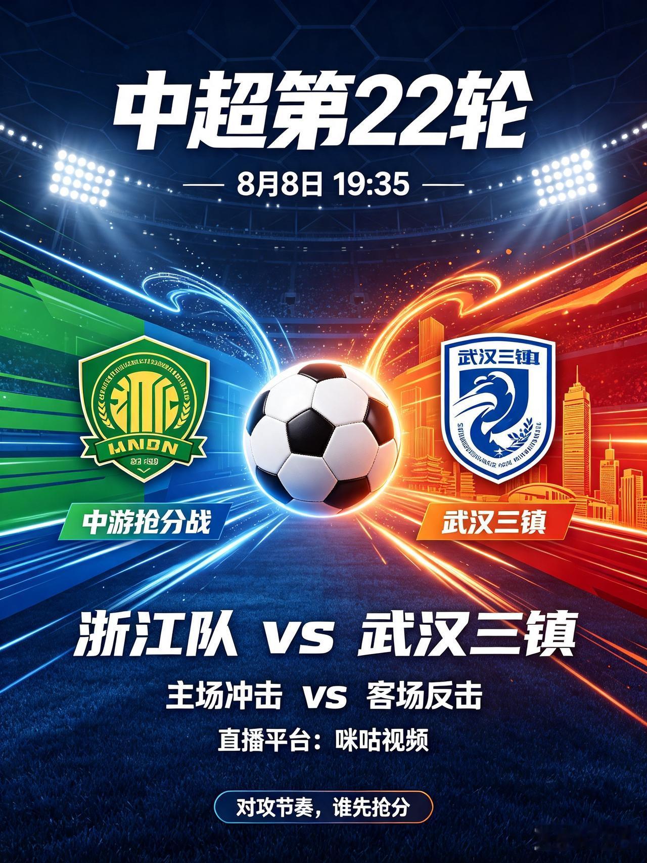 抢分大战！浙江主场迎战武汉三镇！今天是8月8日，今晚19:35，中超第2