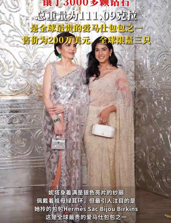 妮塔·安巴尼拎的包包HermèsSacBijouBirkins，是全球最贵