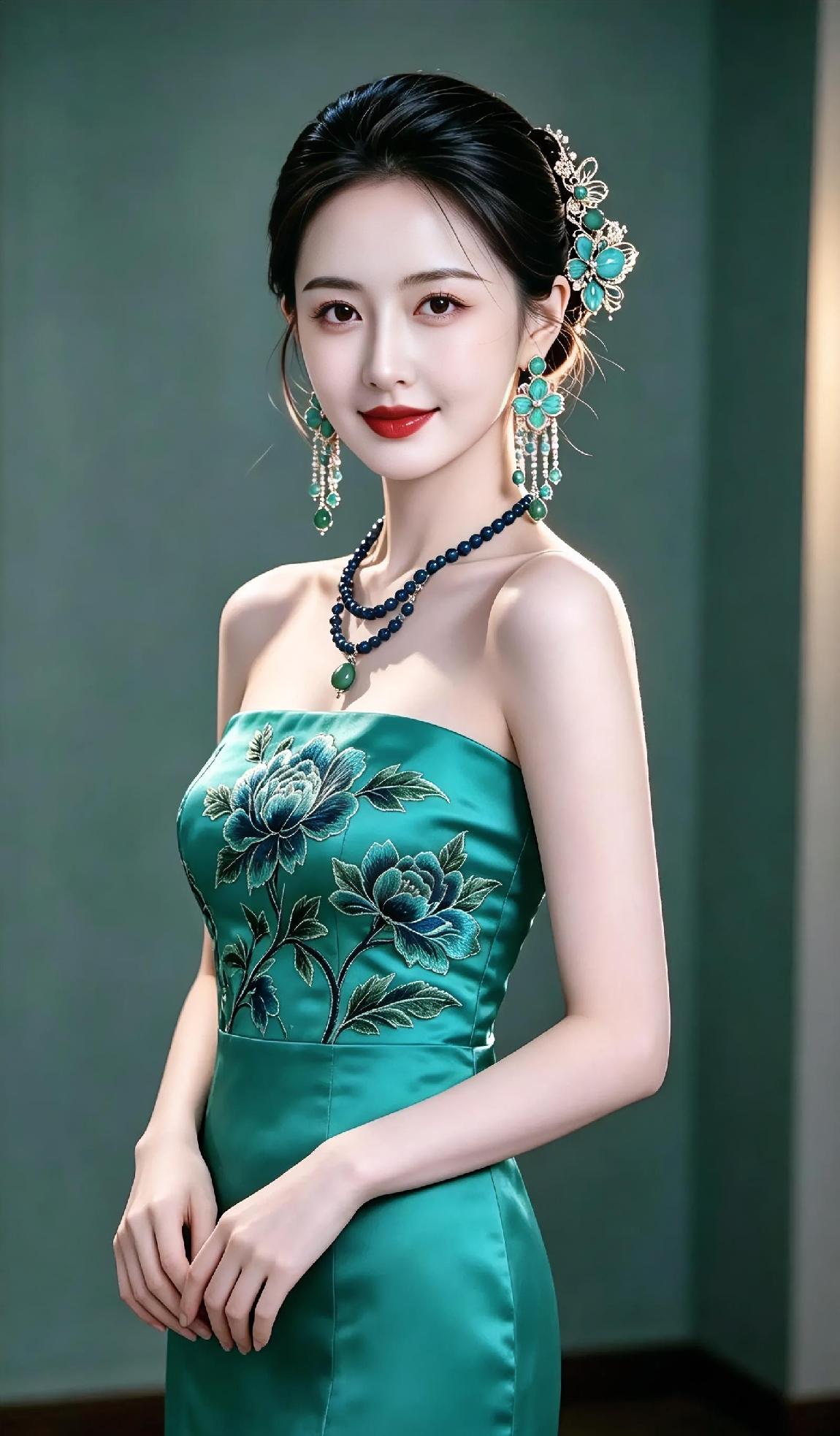 翠绿抹胸，牡丹绽放。珠串项链，衬得颈项修长。发髻高挽，步摇轻
