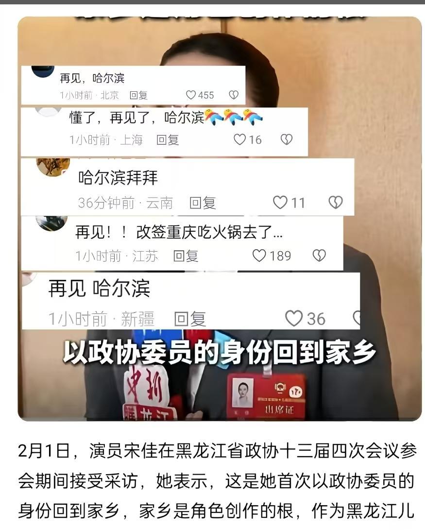 点开宋佳。满屏的“再见哈尔滨”。我当时就懵了。这不是自家闺女给老家站台吗？