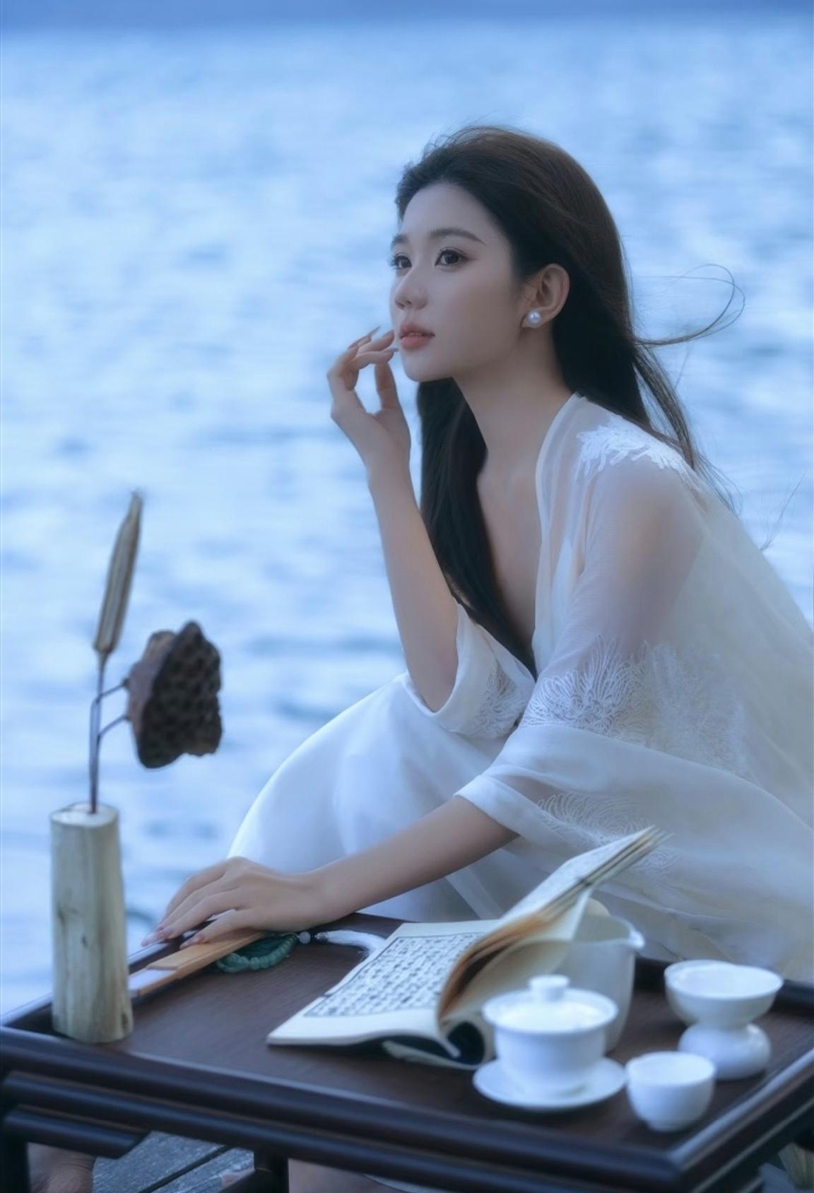 静坐湖畔，书香伴茶韵🌸🌸🌸清茶伴静唯美中国风美女一眼沦陷的神级美图