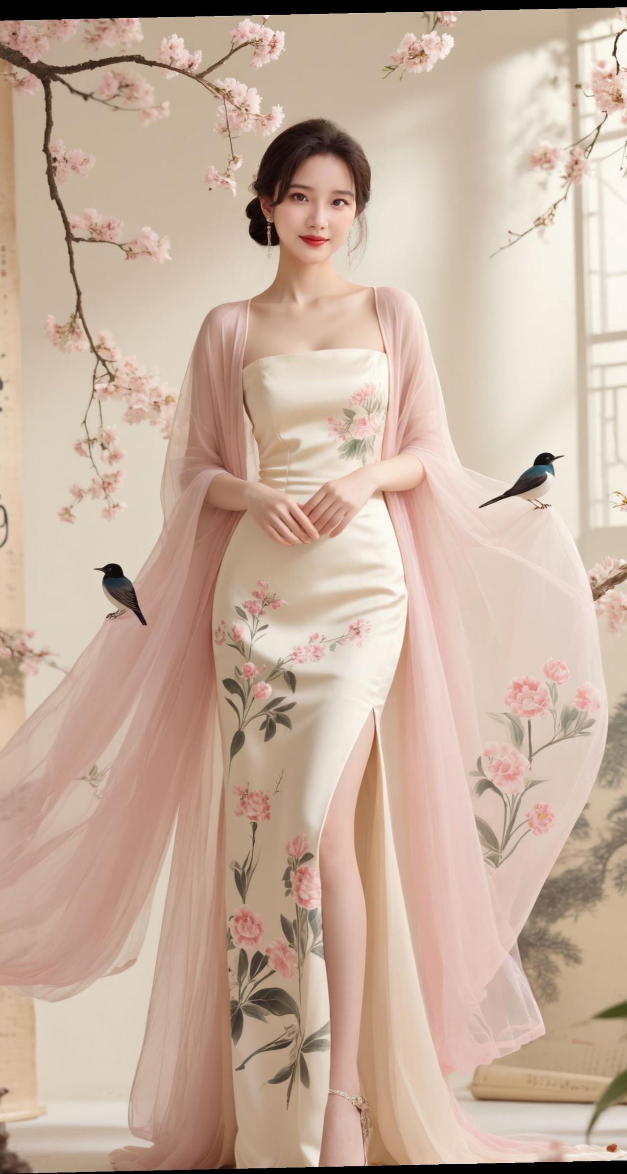 一纸温婉，满目芳华。一袭浸染花枝的新中式长裙，裹挟着东方独有的雅致诗意。粉纱