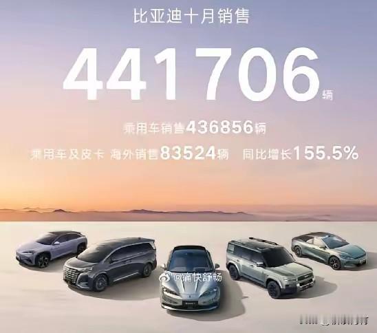 比亚迪10月销量44.17万错失销量冠军！落后冠军1万多台屈居第2！10月冠