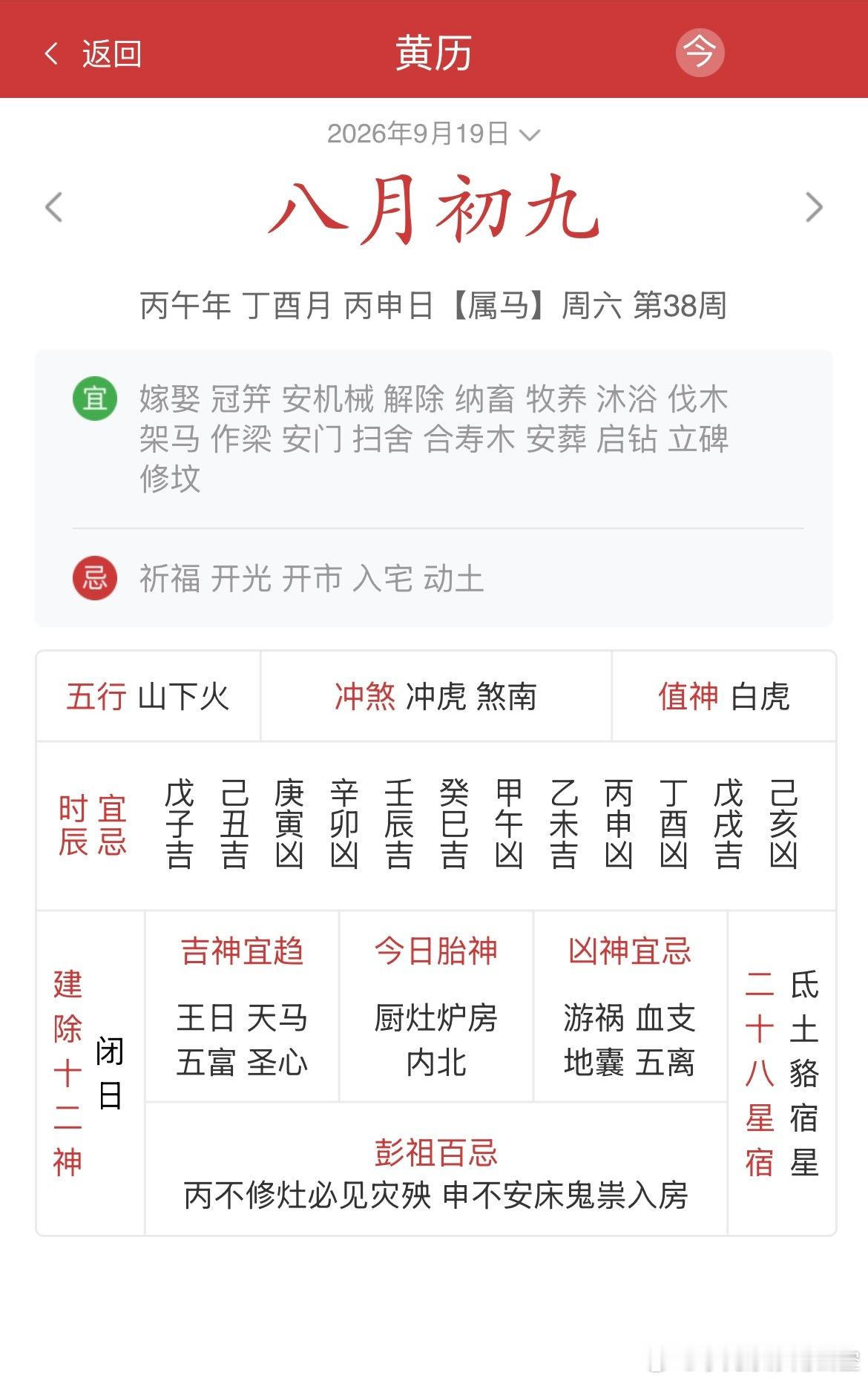 八月初九丁酉月丙申日，是月闭日。值日吉星：五富、圣心、除神、鸣吠、天解、福原、神