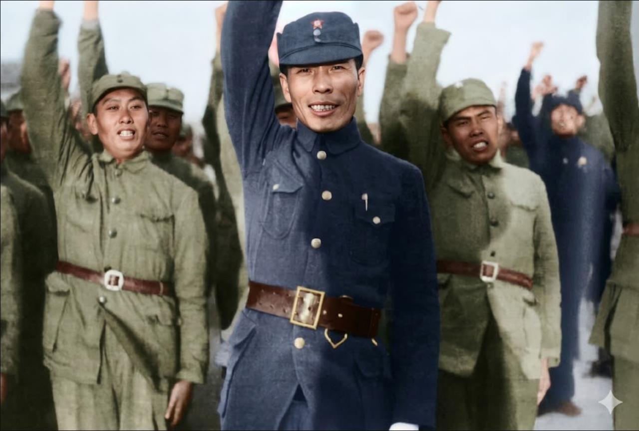1937年淞沪会战尾声，国军主力向西撤退。团长谢晋元（中）临危受命，率领四百余官