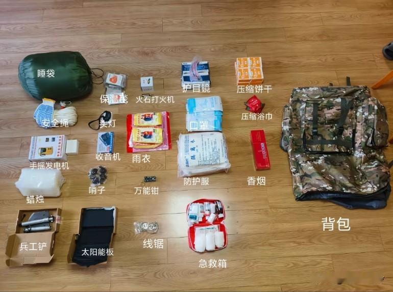 两年前就准备了，希望用不上！防毒面罩和防护服，战术鞋，一次性内裤，止血带，匕首