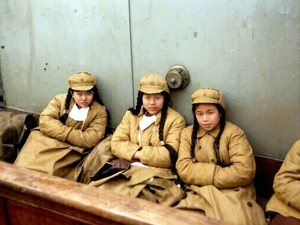 1950年11月，三名中国医疗女兵正乘船奔赴抗美援朝集结点。她们身上穿着刚刚配发