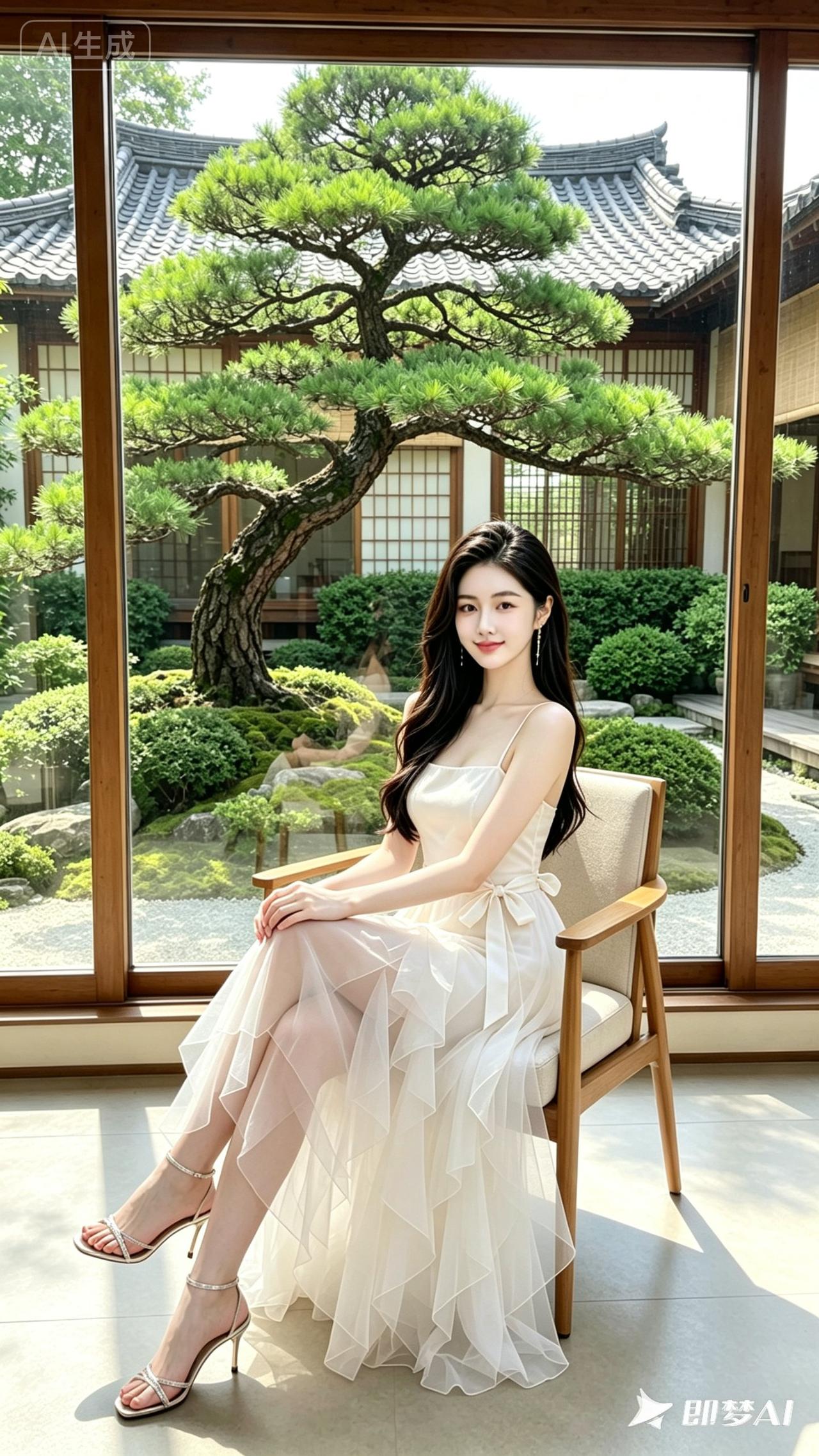 优雅白裙少女，静坐日式庭院，享受宁静时光。