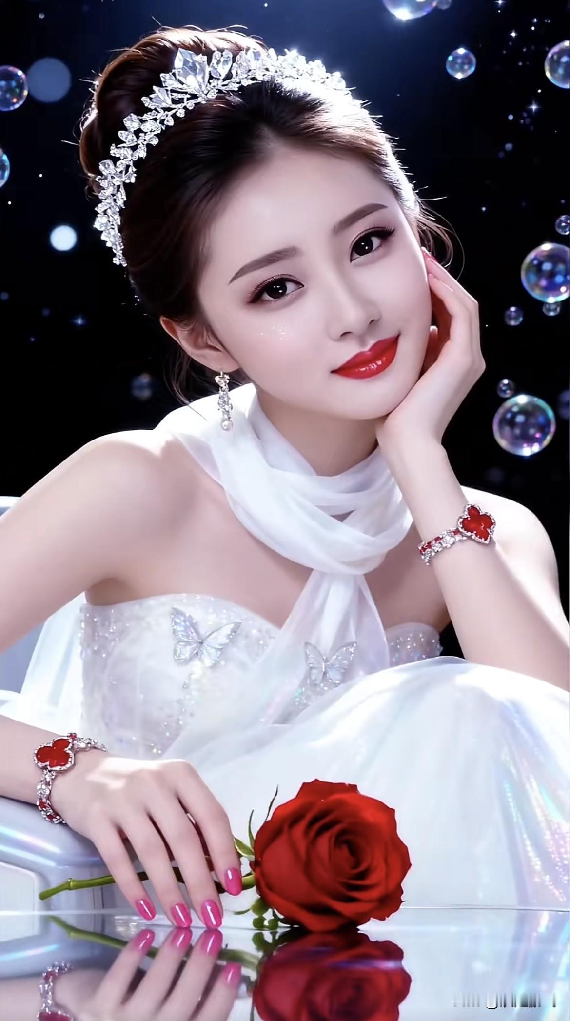 梦幻公主风，红玫瑰与白纱裙的完美结合，闪耀的珠宝点缀，宛如童话中的公主。红裙玫瑰