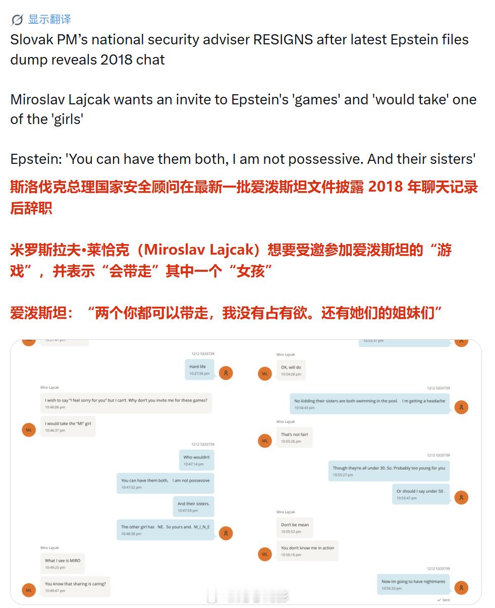 斯洛伐克总理的国家安全顾问，因涉爱泼斯坦案辞职。斯洛伐克总理的国家安全顾问因美国