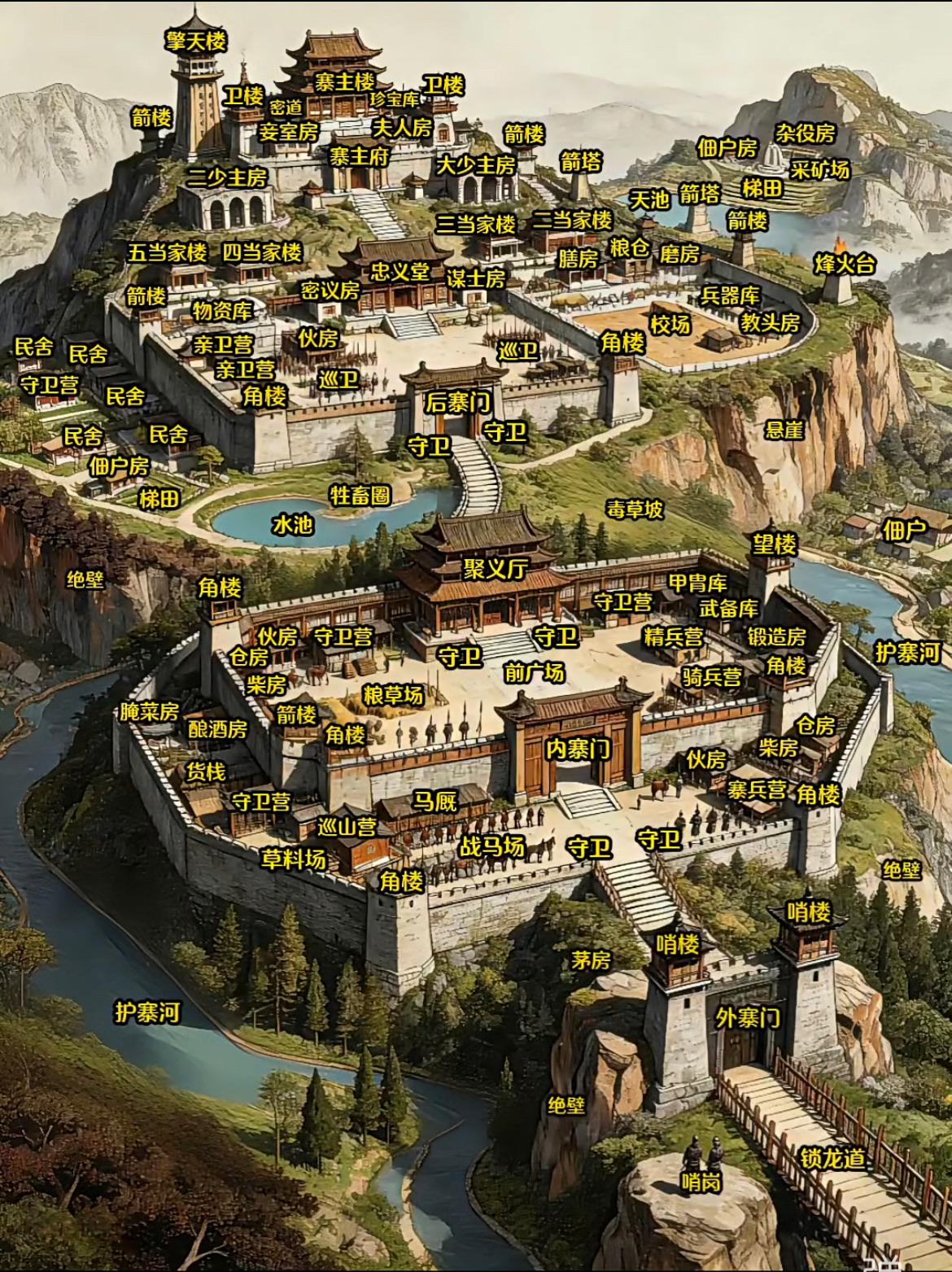 网友设计的古代山寨图，整体格局是依山造寨，双层合围，借天险而成雄居，大家觉得怎么