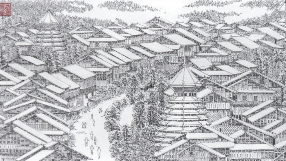 途虫数学书画习作，极细签字笔素描，侗寨。艺术书法爱好者成人【行书速成字帖】行