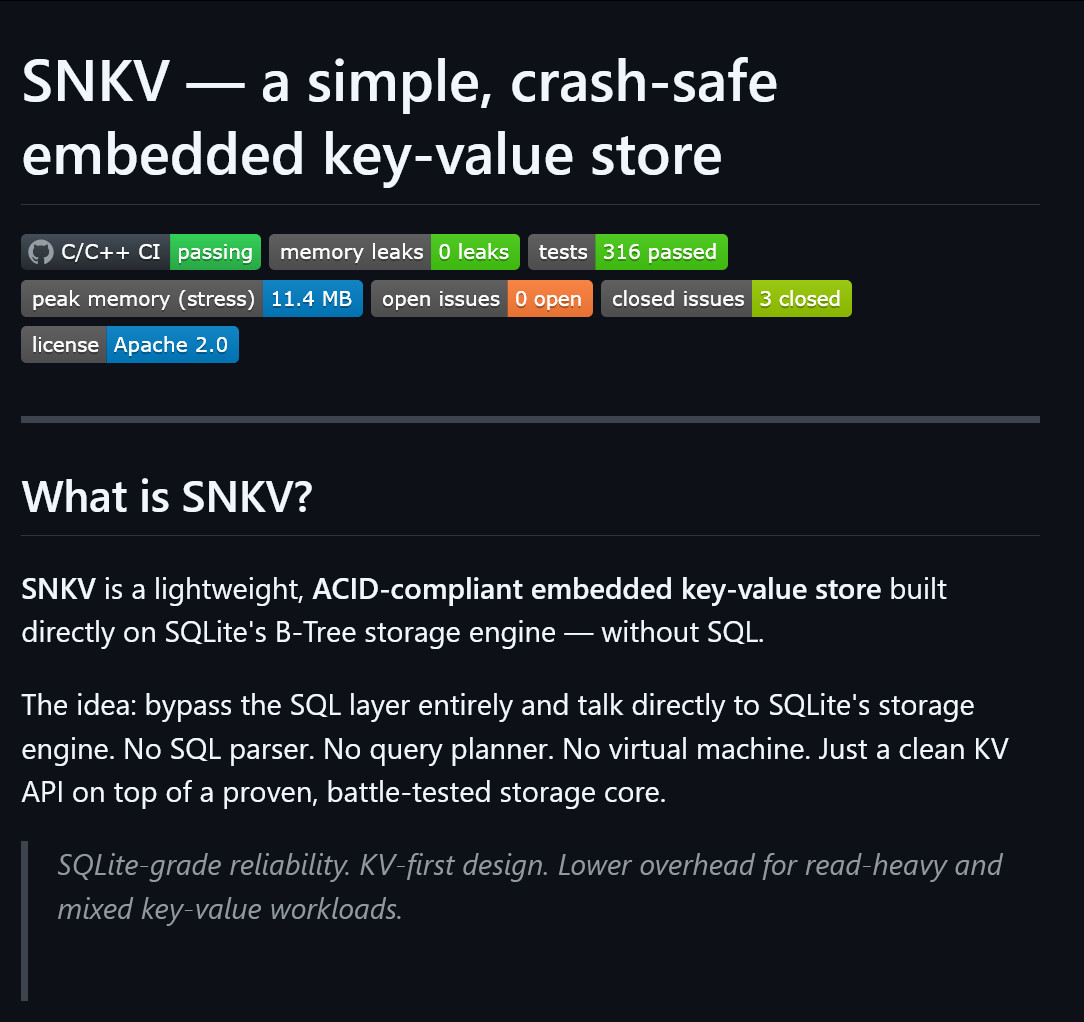 一个键值存储SNKV项目，比较巧妙的借用了成熟项目SQLite的存储引擎。gi
