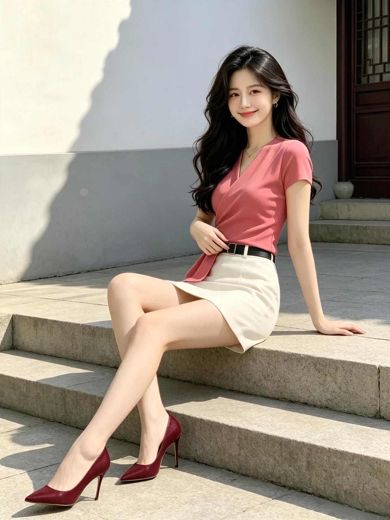 女人怎样穿搭，更显气质阳光正好，粉嫩上衣配米白短裙，长腿美鞋太吸睛啦，今日份甜酷