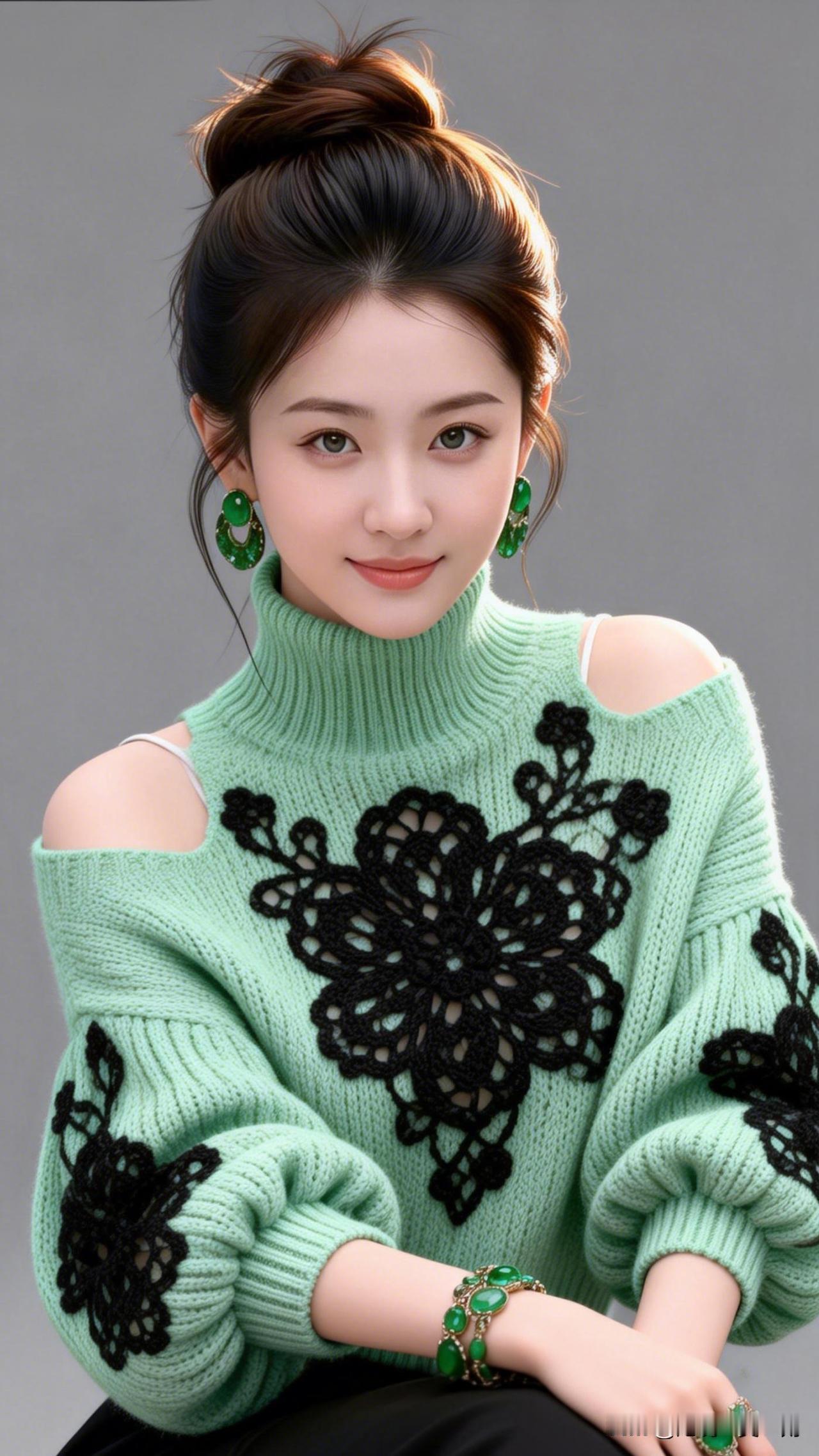 笑靥如花映日红，绿衫美人倚树风。氛围感出片穿搭甜美少女风穿搭，绿色毛衣搭配黑色