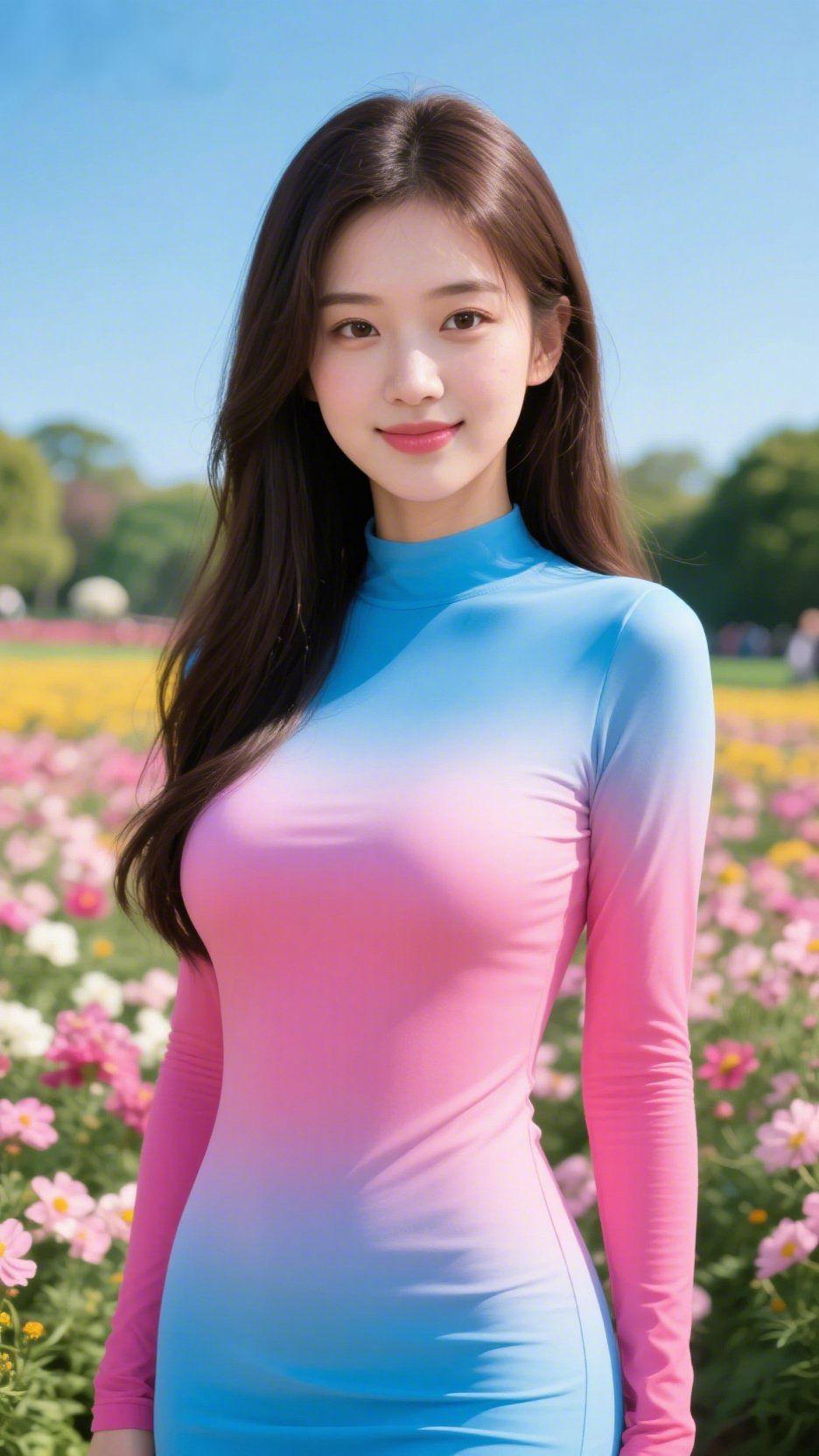 花海间的渐变温柔站在春日的花海中，蓝粉渐变的衣装恰似将天空的澄澈与繁花的绚