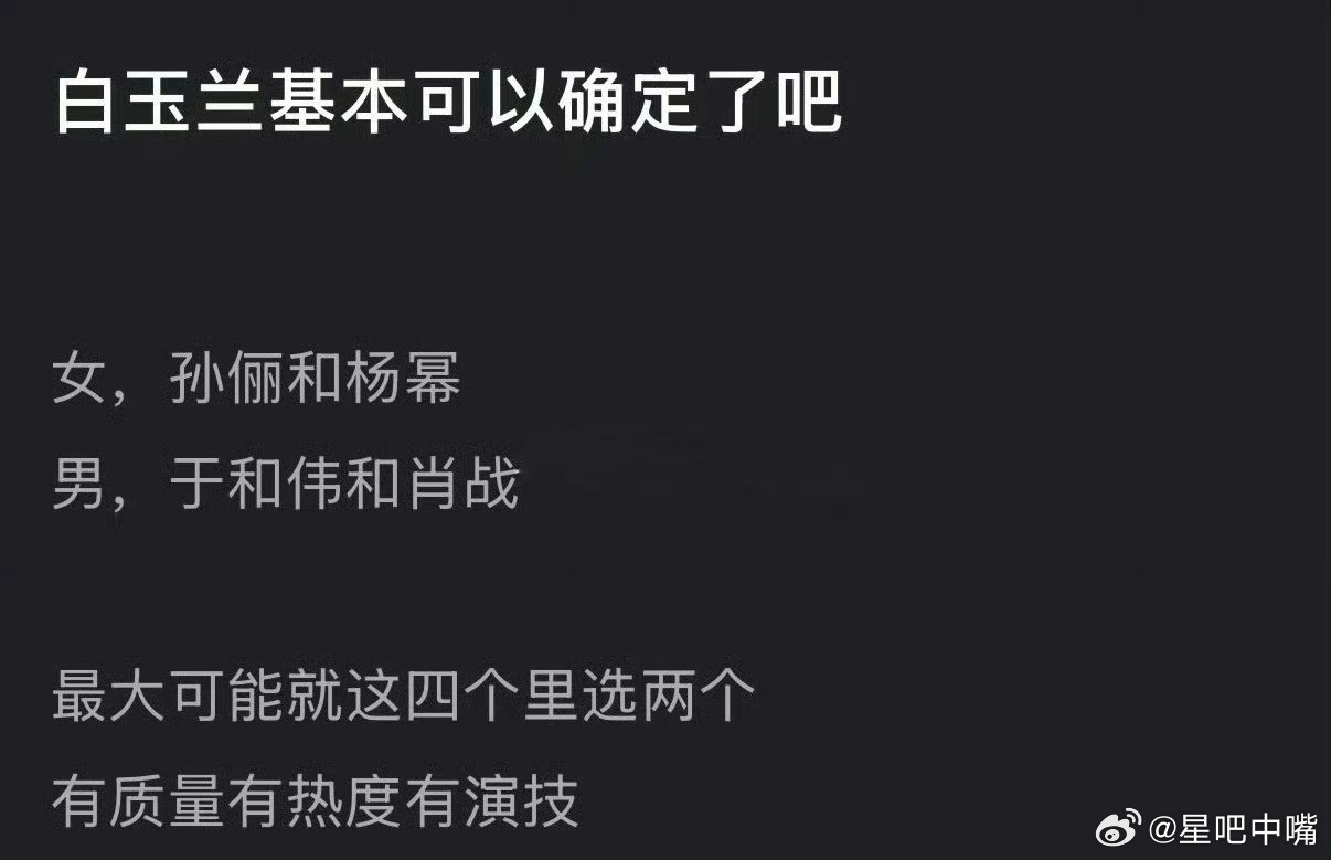 2026白玉兰预测白玉兰视帝视后提名名单，应该差不多就是这样了！视后：1.孙俪《